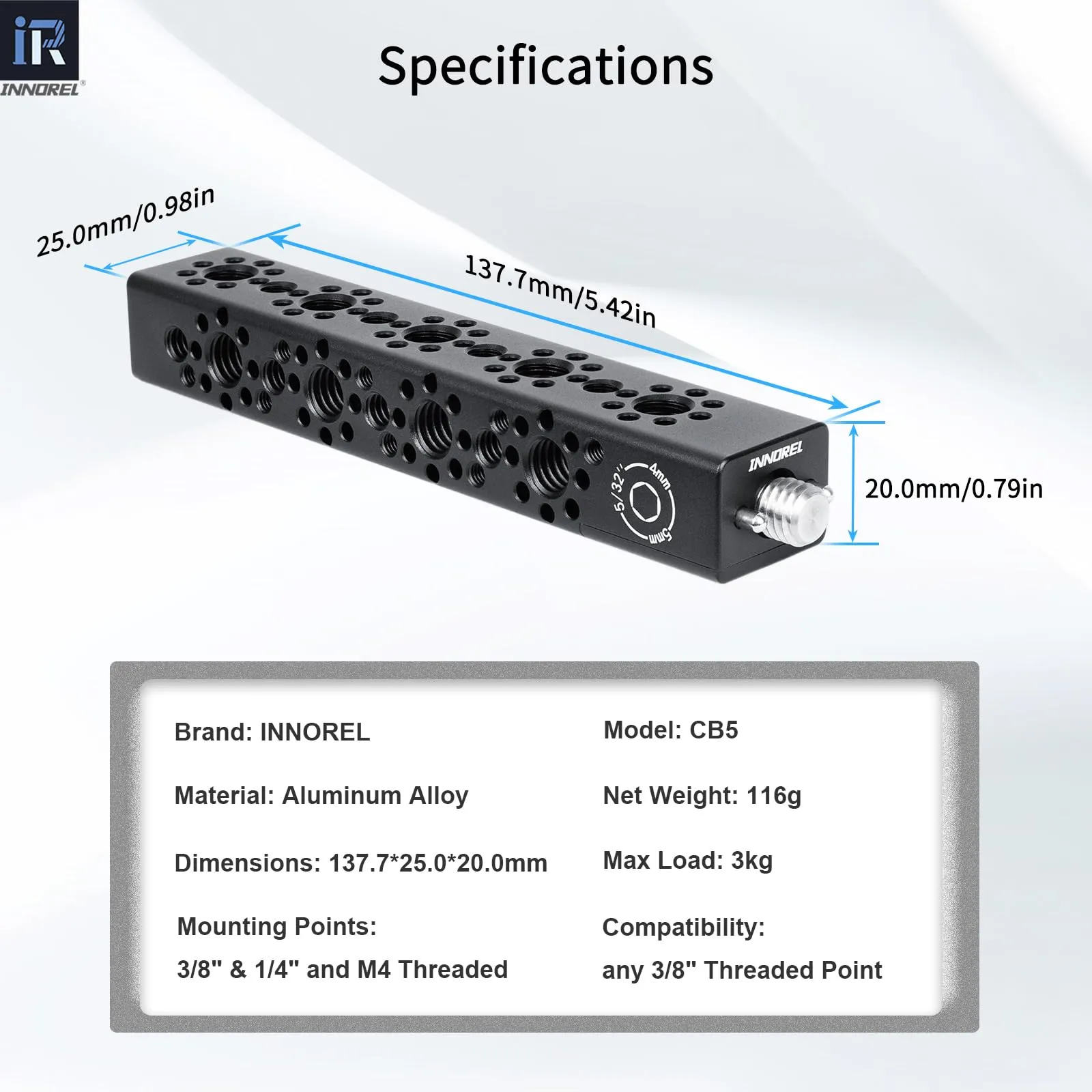 INNOREL CB5 Maniglia multifunzione in lega di alluminio CNC Cheese,con fori di posizionamento Arri da 3/8" e 1/4"per telai di gabbie per fotocamere, piastre Cheese e qualsiasi filettatura da 3/8" - immagine 2
