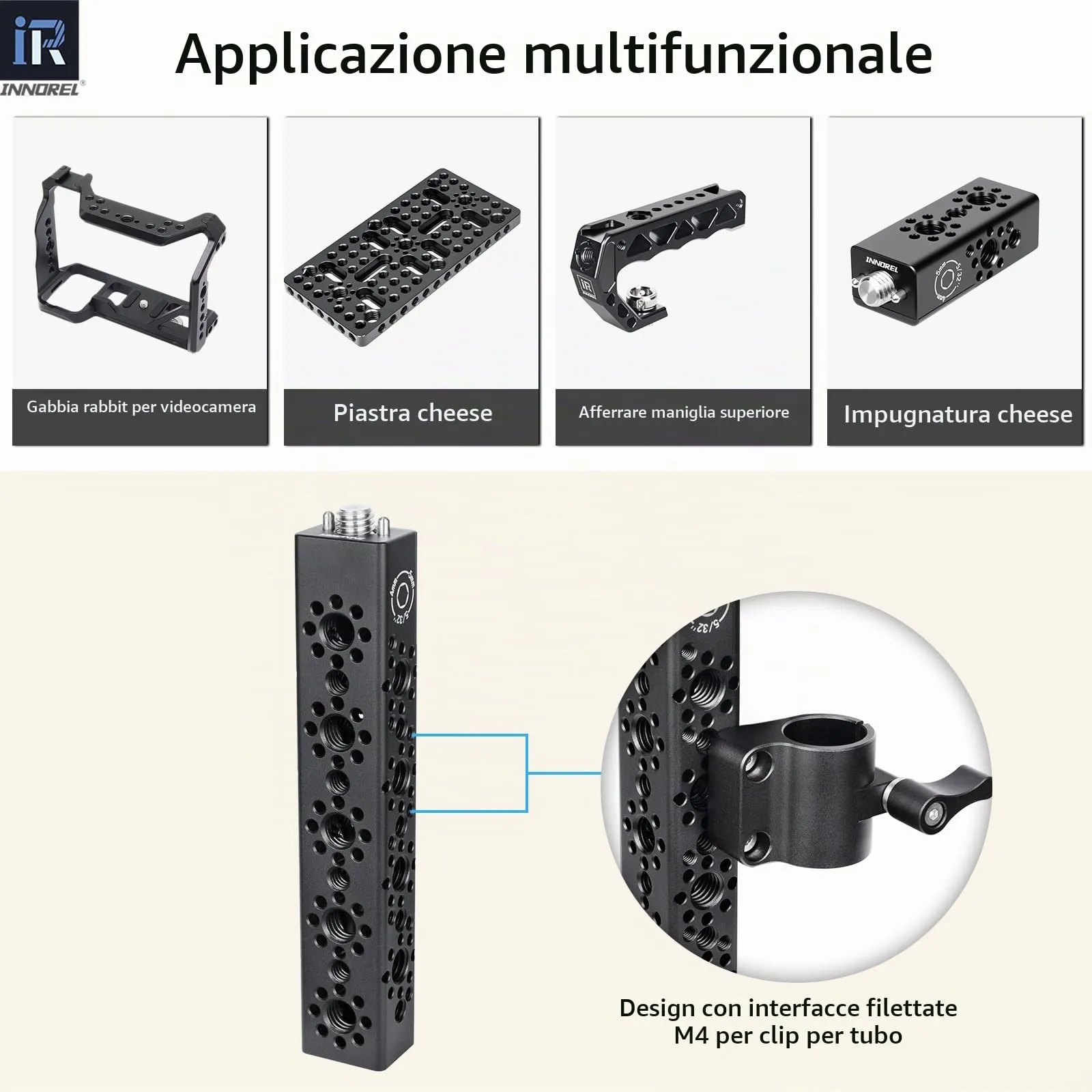 INNOREL CB5 Maniglia multifunzione in lega di alluminio CNC Cheese,con fori di posizionamento Arri da 3/8" e 1/4"per telai di gabbie per fotocamere, piastre Cheese e qualsiasi filettatura da 3/8" - immagine 5