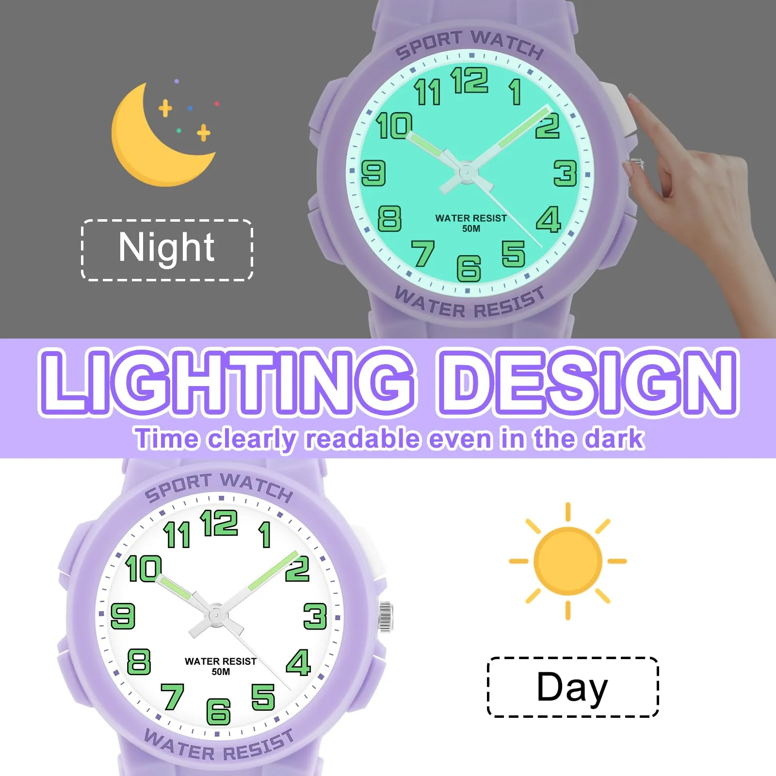DTKID Orologio Bambini Analogico, Luce Notturna, Facile, 50M (Viola) - immagine 2