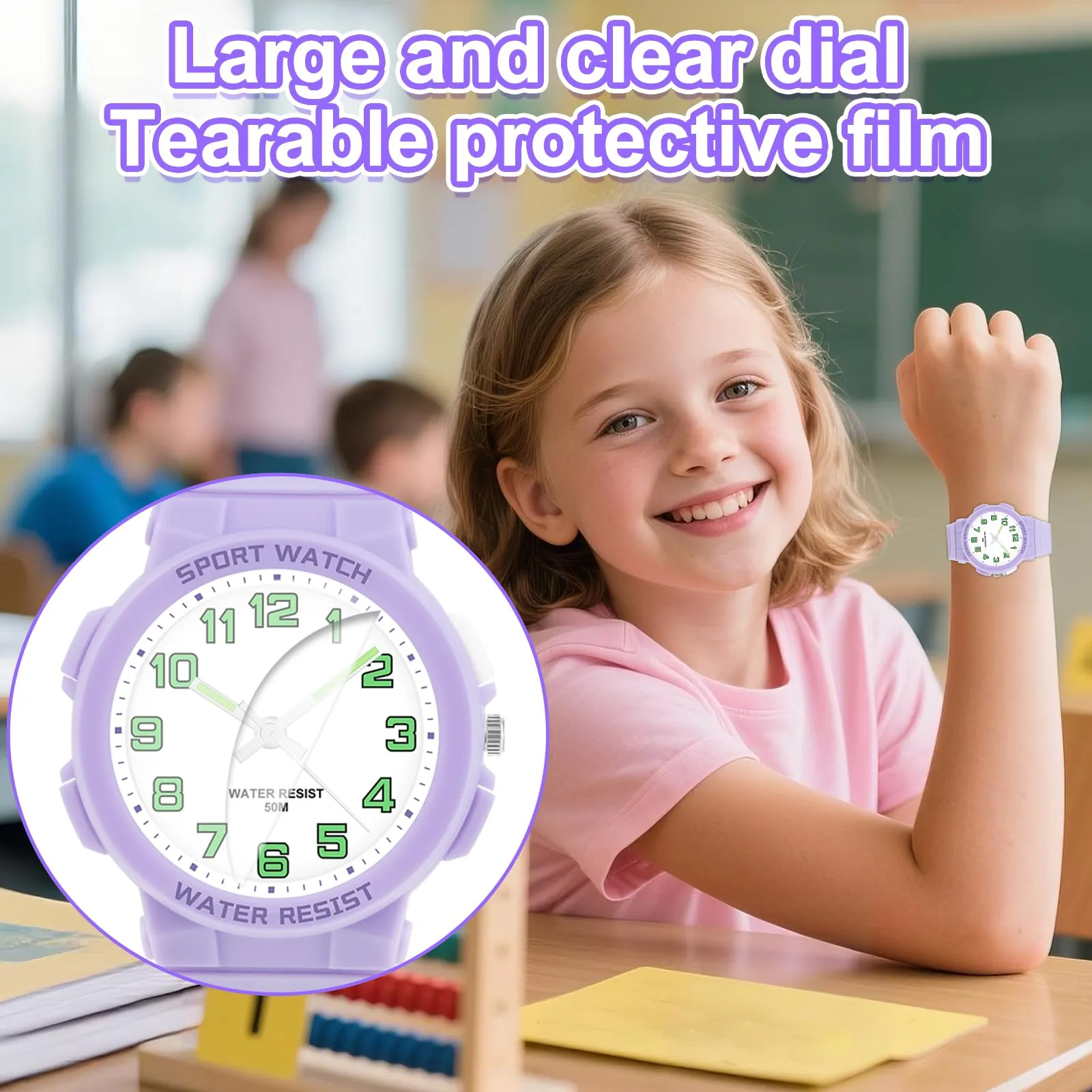 DTKID Orologio Bambini Analogico, Luce Notturna, Facile, 50M (Viola) - immagine 3