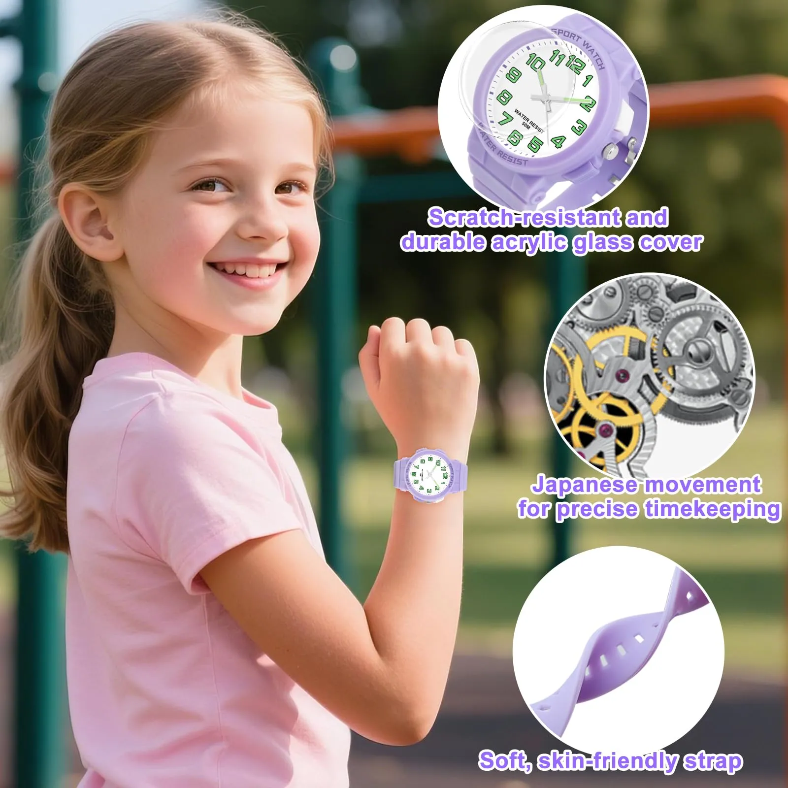 DTKID Orologio Bambini Analogico, Luce Notturna, Facile, 50M (Viola) - immagine 5