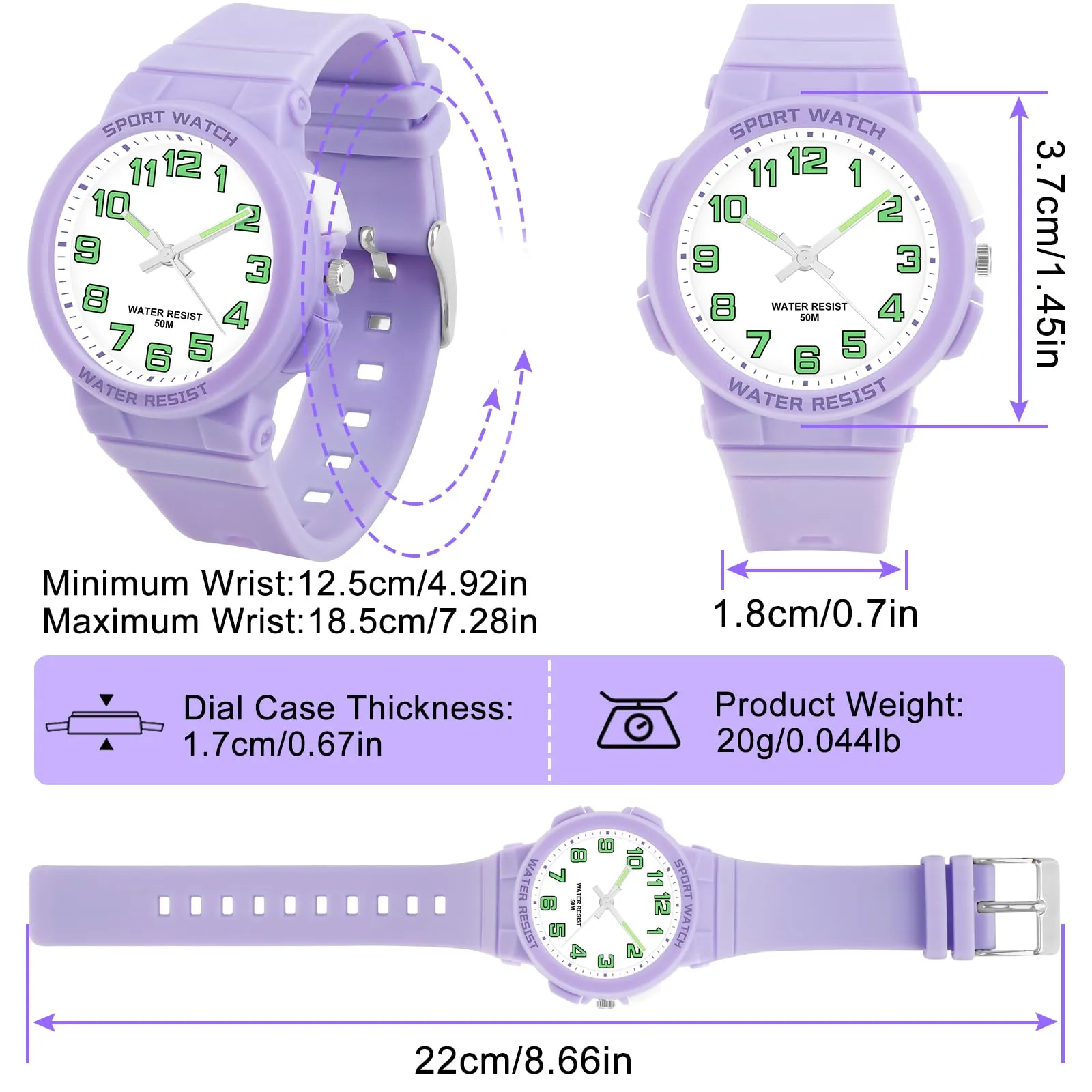 DTKID Orologio Bambini Analogico, Luce Notturna, Facile, 50M (Viola) - immagine 7