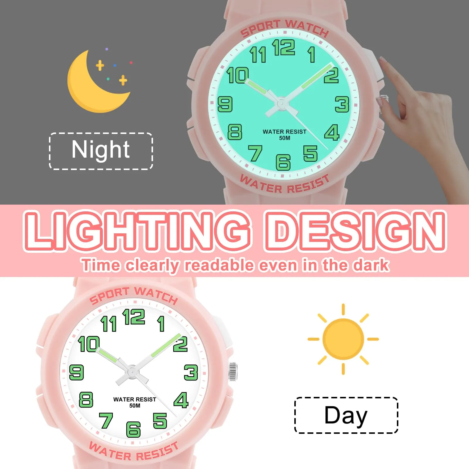 DTKID Orologio Bambini Analogico, Luce Notturna, Facile Lettura, 50M (Rosa) - immagine 2