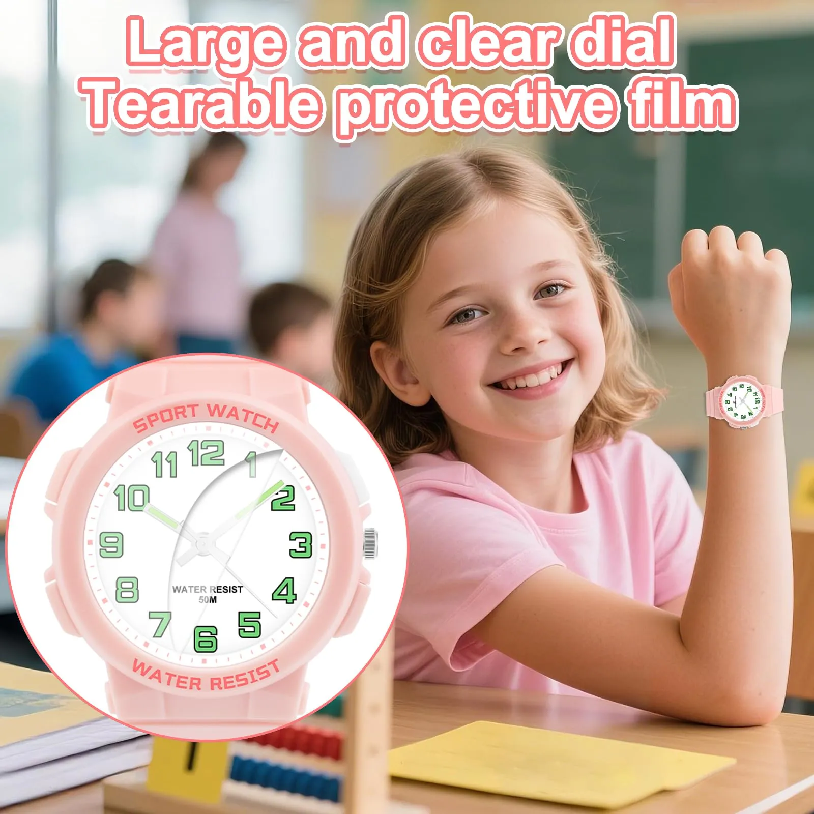 DTKID Orologio Bambini Analogico, Luce Notturna, Facile Lettura, 50M (Rosa) - immagine 3