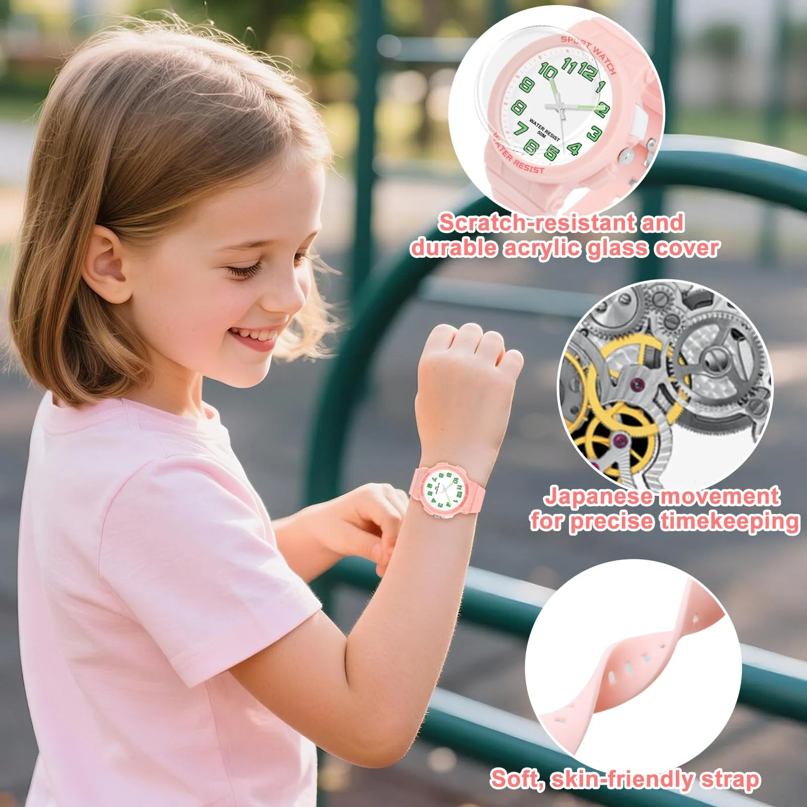 DTKID Orologio Bambini Analogico, Luce Notturna, Facile Lettura, 50M (Rosa) - immagine 5
