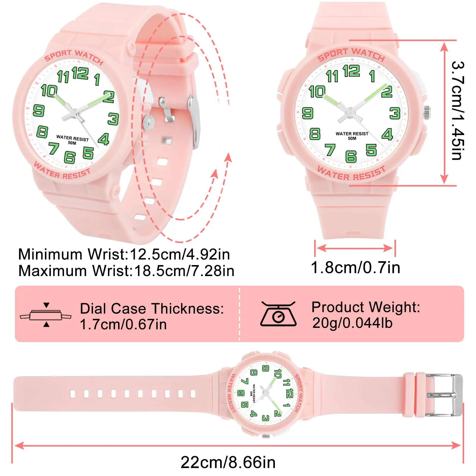 DTKID Orologio Bambini Analogico, Luce Notturna, Facile Lettura, 50M (Rosa) - immagine 7