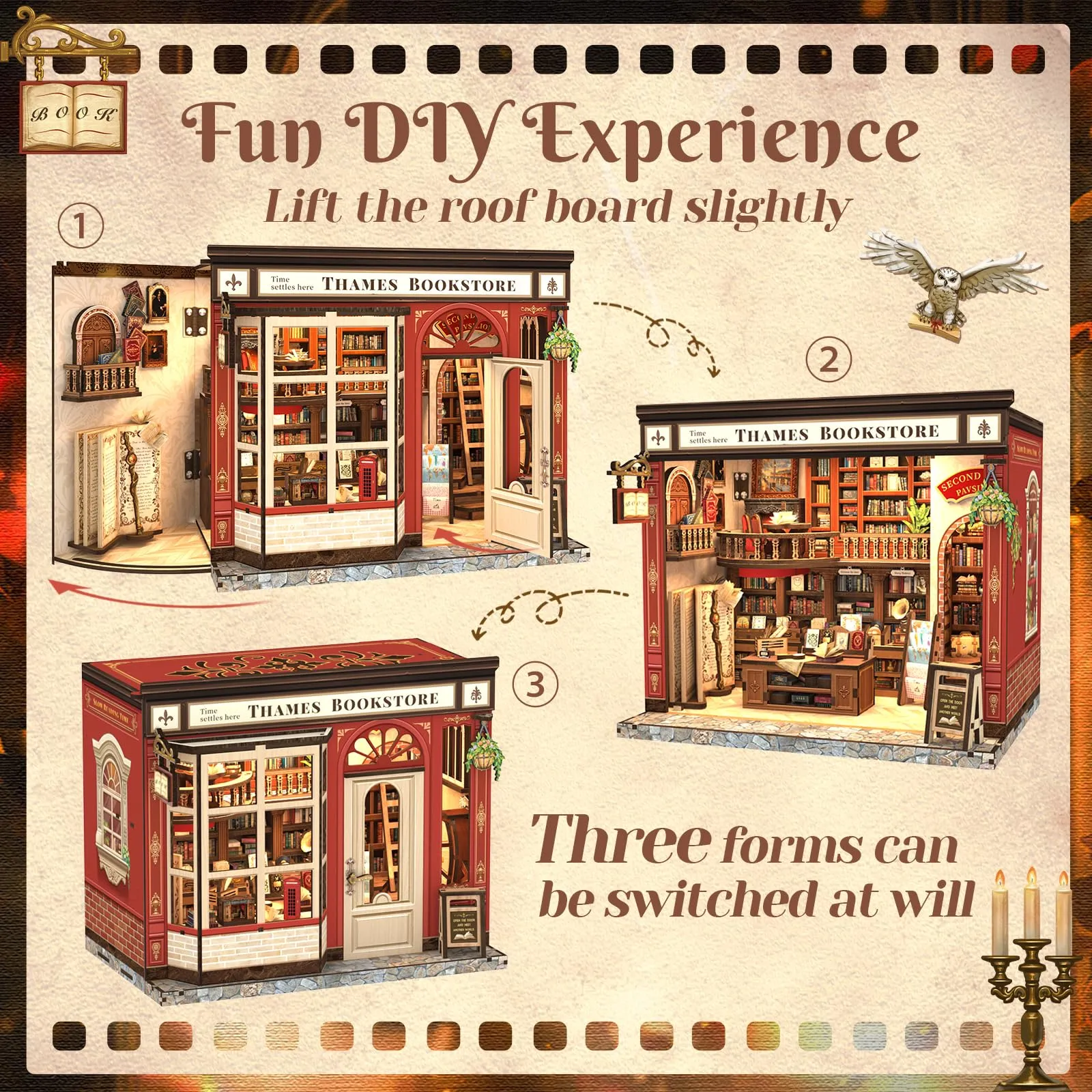 Cutefun Book Nook - Kit DIY casa delle bambole in miniatura, kit per adulti e Decorare per la casa e gli scaffali, il miglior regalo per adolescenti e adulti (THAMES BOOKSTORE) - immagine 7