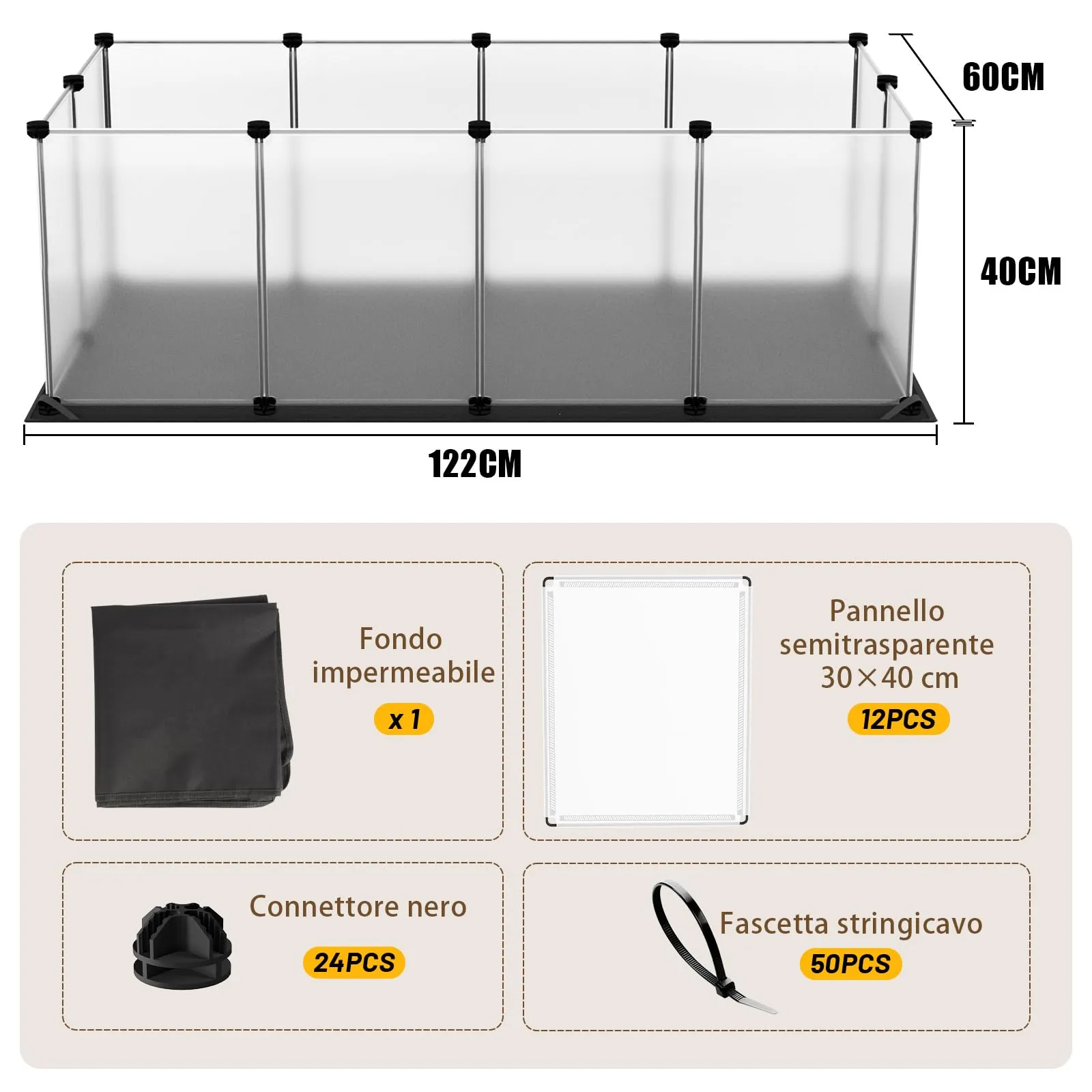 Aystkniet Gabbia per Porcellini Dindia con Fondo Impermeabile, 122 cm x 60 cm x 40 cm, Recinto per Piccoli Animali, Barriera per Animali Domestici per Interno ed Esterno (Transparent) - immagine 6