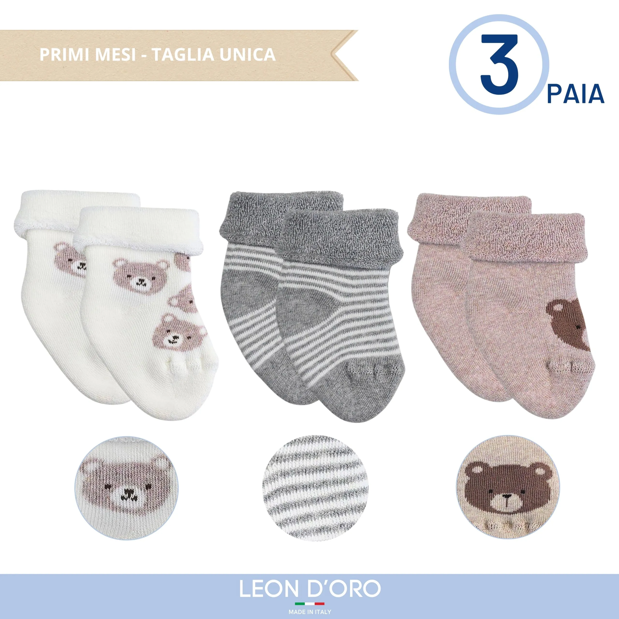 LEON D'ORO Calze Neonato Calzino Regalo Scarpine Babbucce bambini Primi Mesi Taglia Unica Made in Italy (IT, Età, Taglia unica, ASS2 neonato 3 PAIA) - immagine 4