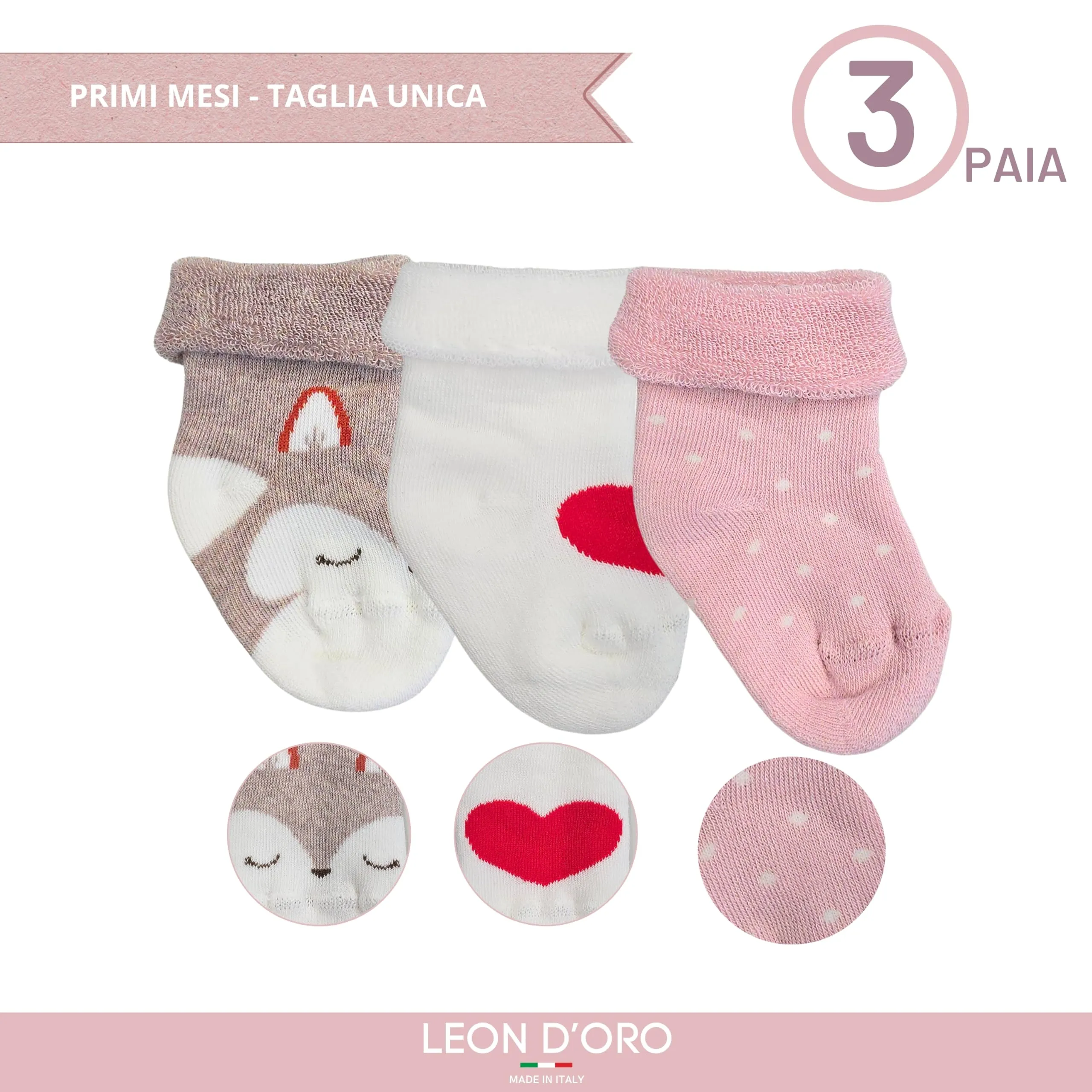 LEON D'ORO Calze Neonato Calzino Regalo Scarpine Babbucce bambini Primi Mesi Taglia Unica Made in Italy (IT, Età, Taglia unica, ASS2 neonata 3 PAIA) - immagine 4
