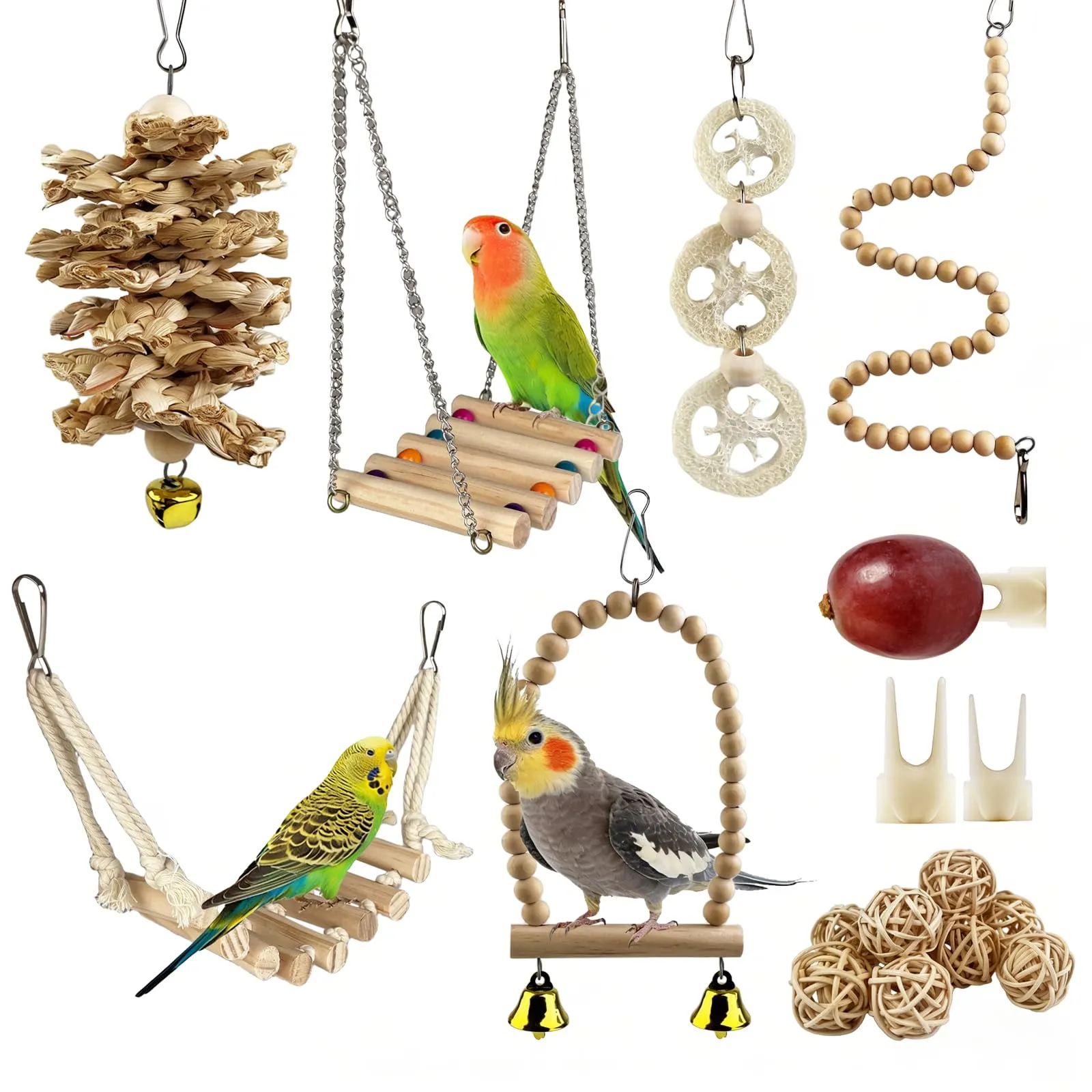 CHALVIOR Giocattoli per pappagalli per uccelli, 18 pezzi accessori per gabbia per uccelli, Altalena, Amaca, Campanelli, Giochi da Masticar, per Pappagallini, Canarino, Ara Piccoli Taglia - immagine 1