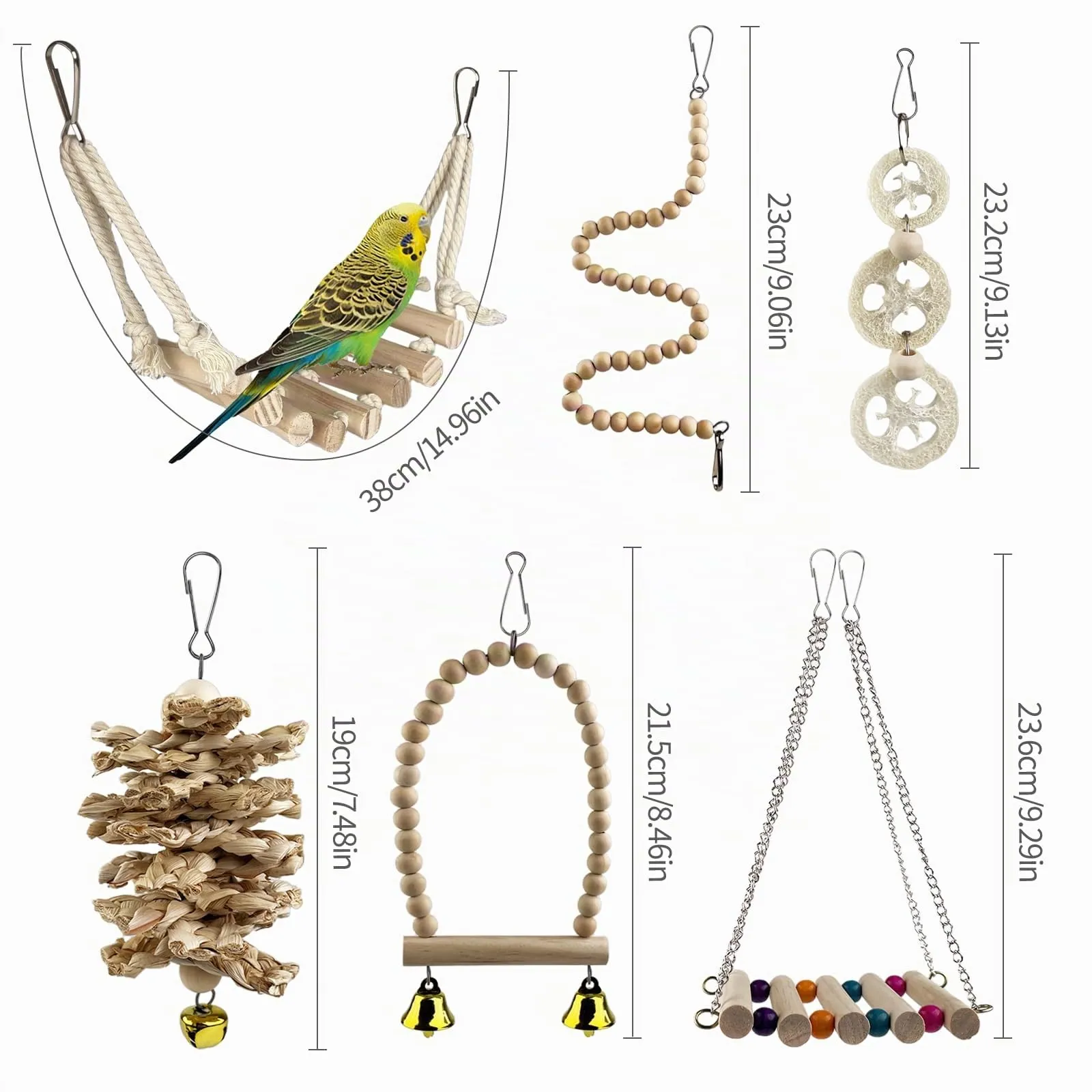 CHALVIOR Giocattoli per pappagalli per uccelli, 18 pezzi accessori per gabbia per uccelli, Altalena, Amaca, Campanelli, Giochi da Masticar, per Pappagallini, Canarino, Ara Piccoli Taglia - immagine 2