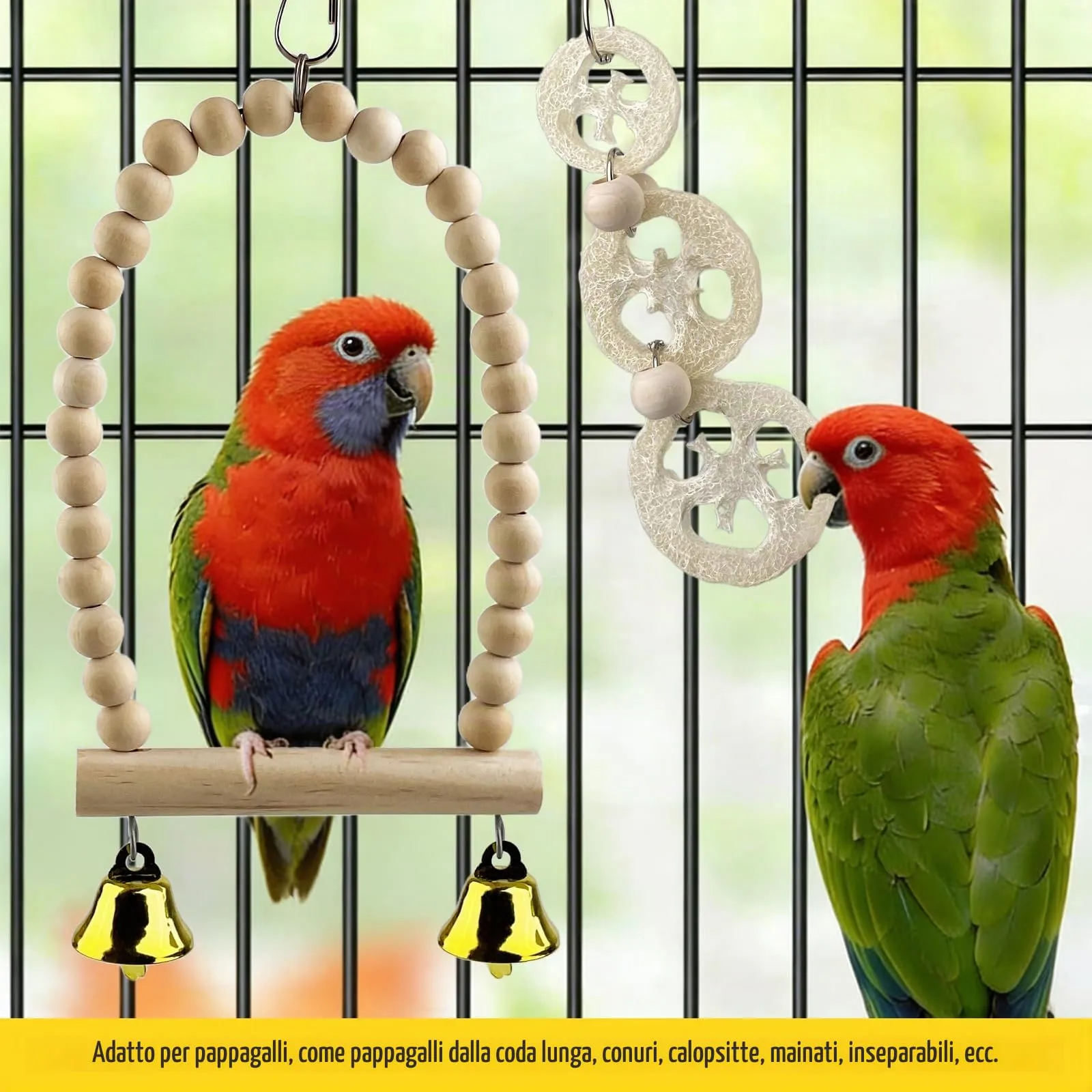 CHALVIOR Giocattoli per pappagalli per uccelli, 18 pezzi accessori per gabbia per uccelli, Altalena, Amaca, Campanelli, Giochi da Masticar, per Pappagallini, Canarino, Ara Piccoli Taglia - immagine 4