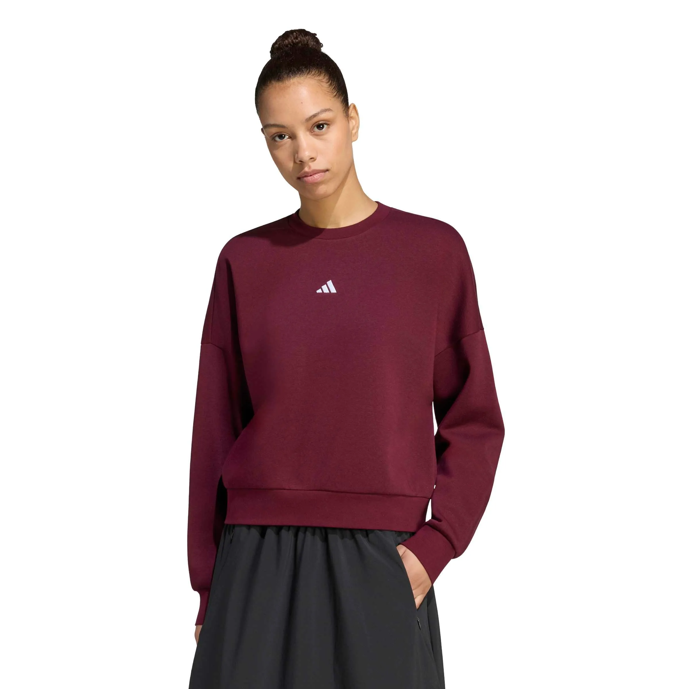 adidas Donna Essentials Small Logo Feel Cozy Relaxed Fit Sweatshirt, Maroon/White, S - immagine 1