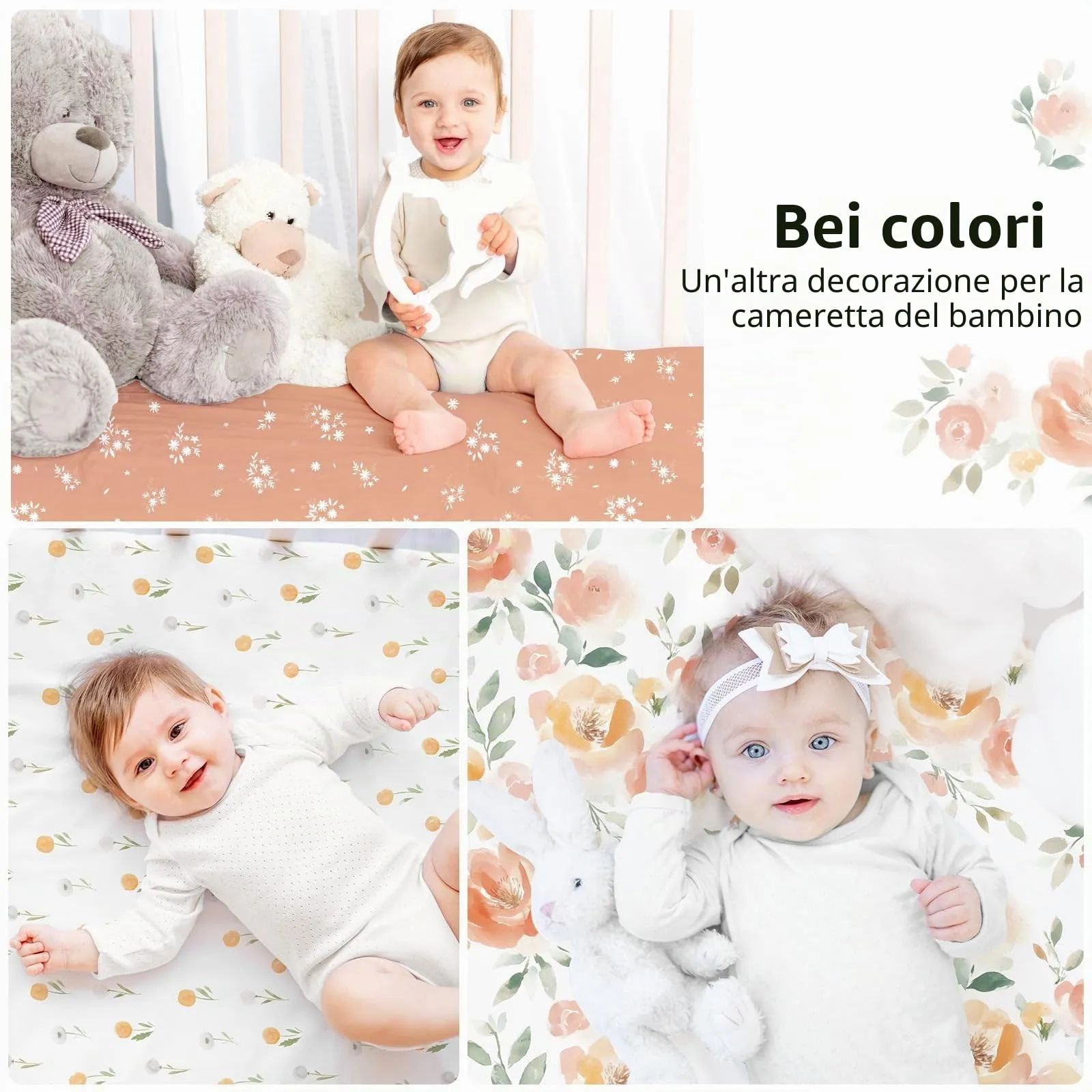 Fiemol Lenzuola Lettino 140x70 cm, Confezione da 3 Coprimaterassi per Lettino Neonato, Lenzuola con Angoli Elasticizzate in Microfibra Ultra Morbida e Setosa, Arancione e Fiore Acquerello - immagine 6