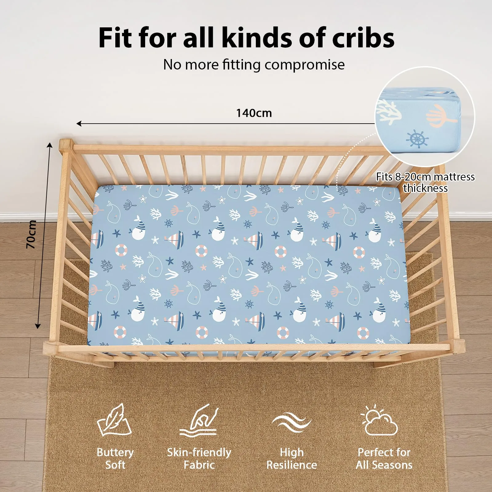 Fiemol Lenzuola Lettino 140x70 cm, Confezione da 3 Coprimaterassi per Lettino Neonato, Lenzuola con Angoli Elasticizzate in Microfibra Ultra Morbida e Setosa, Azzurro e Balena - immagine 2
