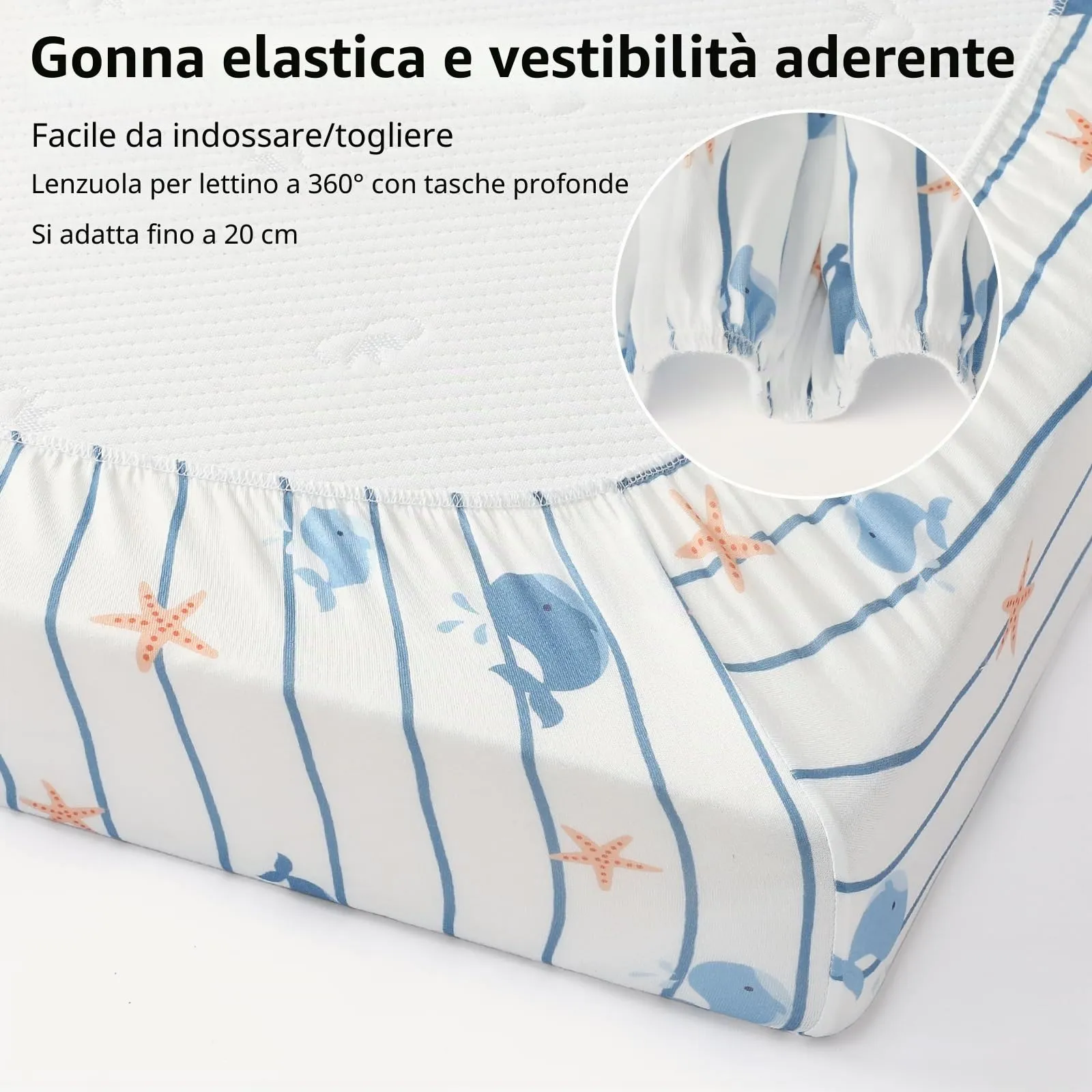 Fiemol Lenzuola Lettino 140x70 cm, Confezione da 3 Coprimaterassi per Lettino Neonato, Lenzuola con Angoli Elasticizzate in Microfibra Ultra Morbida e Setosa, Azzurro e Balena - immagine 5