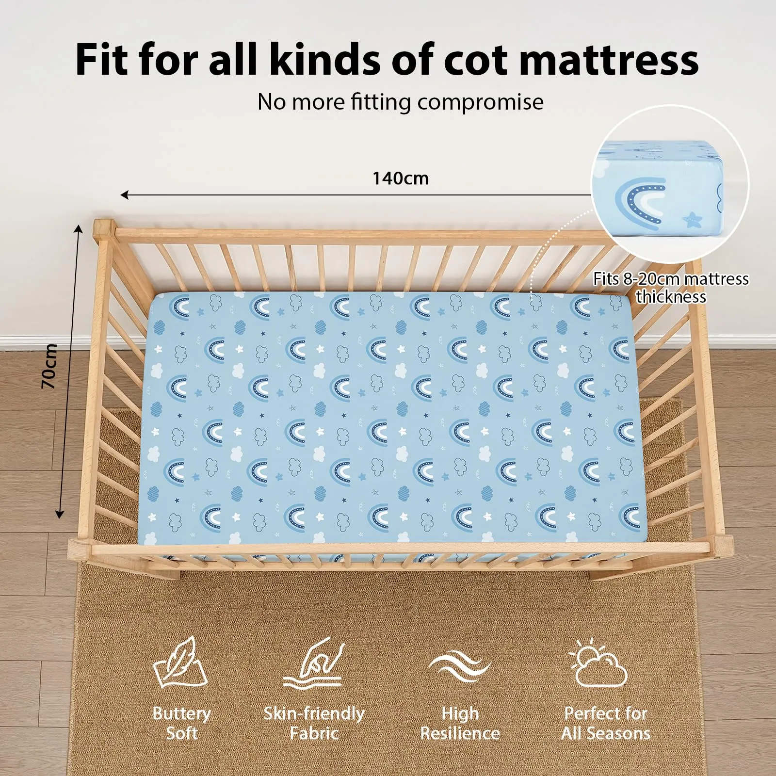 Fiemol Lenzuola Lettino 140x70 cm, Confezione da 3 Coprimaterassi per Lettino Neonato, Lenzuola con Angoli Elasticizzate in Microfibra Ultra Morbida e Setosa, Azzurro e Nuvola - immagine 2