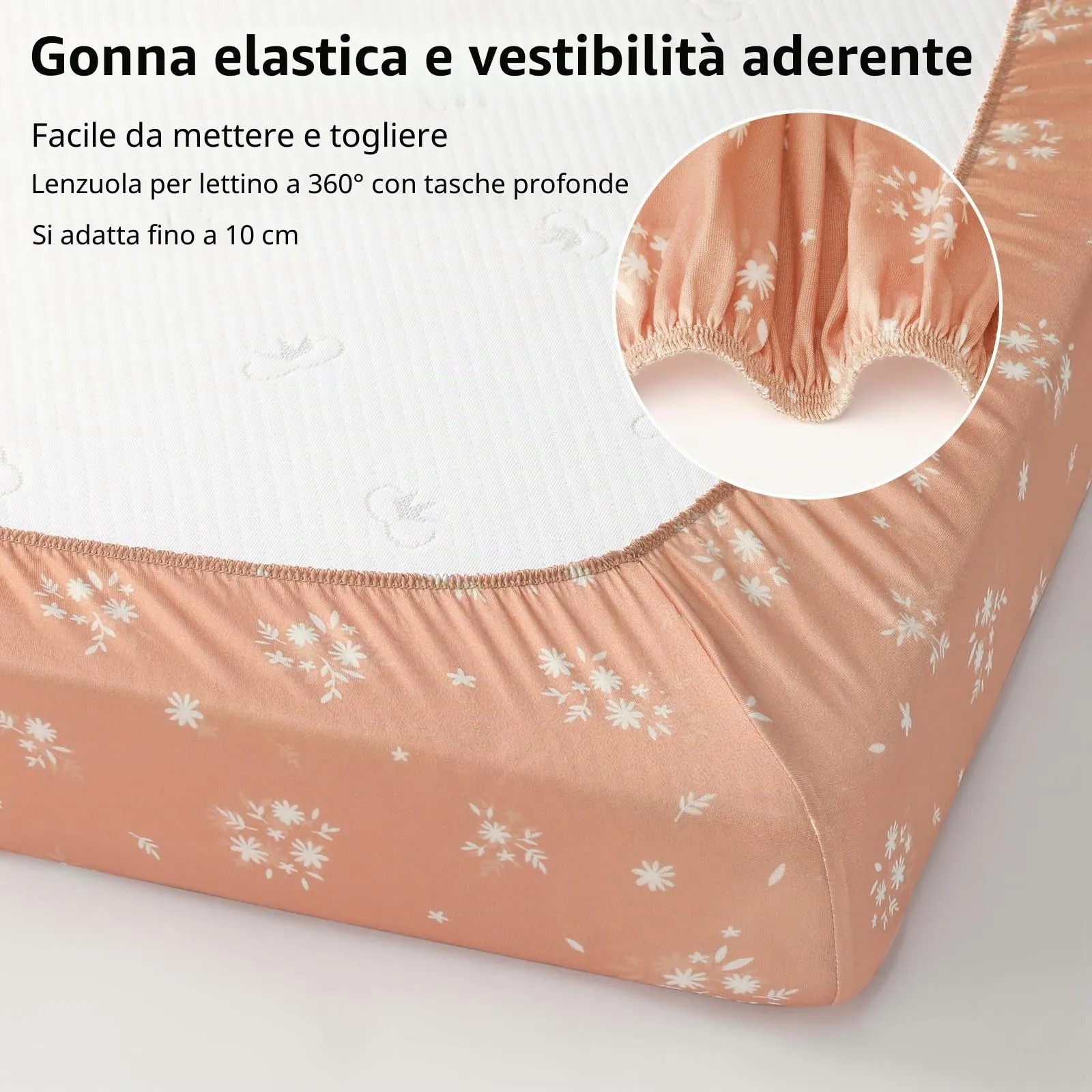Fiemol Lenzuola Culla Next to Me 83x50cm, Confezione da 3 Coprimaterassi per Culla Neonato, Lenzuola con Angoli Elasticizzate in Microfibra Ultra Morbida e Setosa, Arancione e Fiore Acquerello - immagine 4