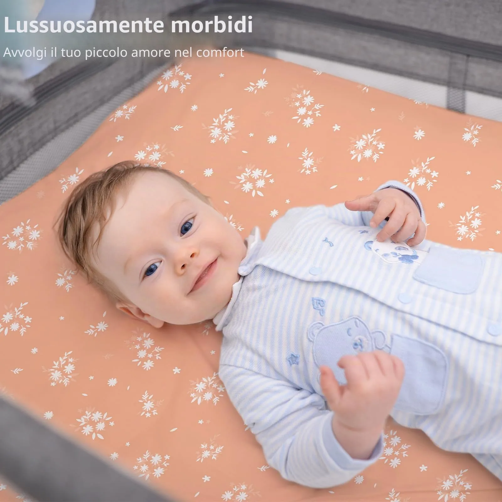 Fiemol Lenzuola Culla Next to Me 83x50cm, Confezione da 3 Coprimaterassi per Culla Neonato, Lenzuola con Angoli Elasticizzate in Microfibra Ultra Morbida e Setosa, Arancione e Fiore Acquerello - immagine 6