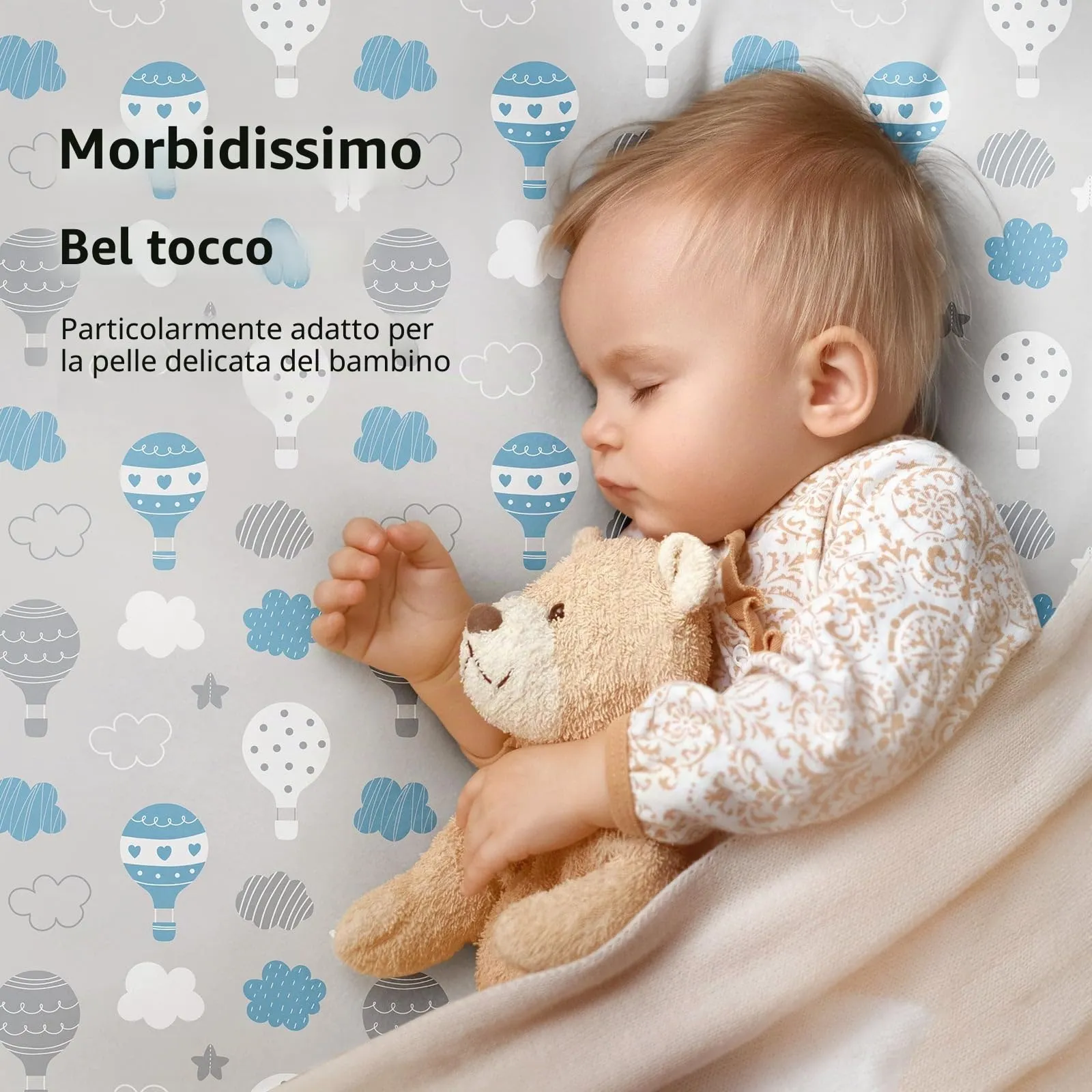 Fiemol Lenzuola Culla Next to Me 83x50cm, Confezione da 3 Coprimaterassi per Culla Neonato, Lenzuola con Angoli Elasticizzate in Microfibra Ultra Morbida e Setosa, Azzurro e Nuvola - immagine 3