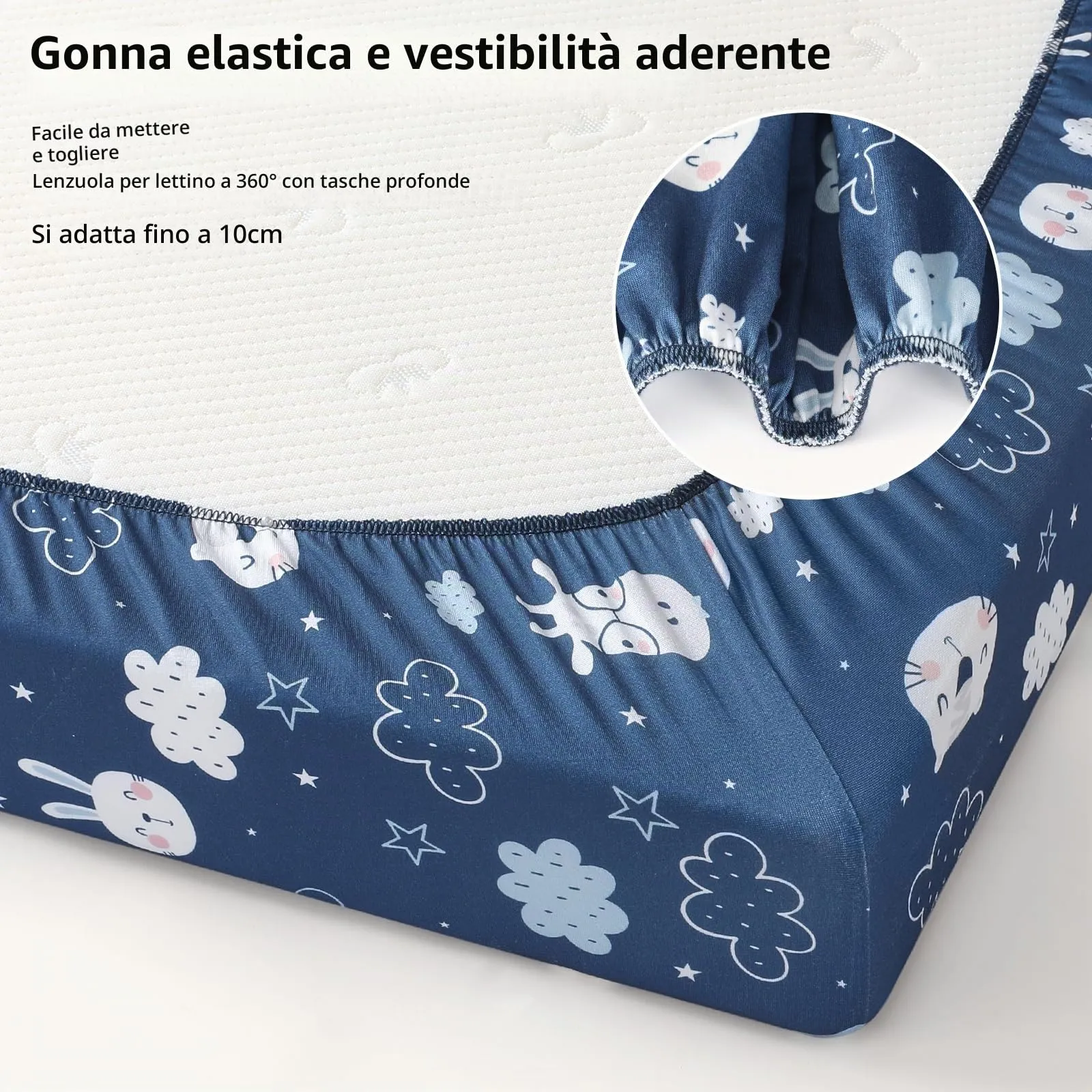Fiemol Lenzuola Culla Next to Me 83x50cm, Confezione da 3 Coprimaterassi per Culla Neonato, Lenzuola con Angoli Elasticizzate in Microfibra Ultra Morbida e Setosa, Azzurro e Nuvola - immagine 5