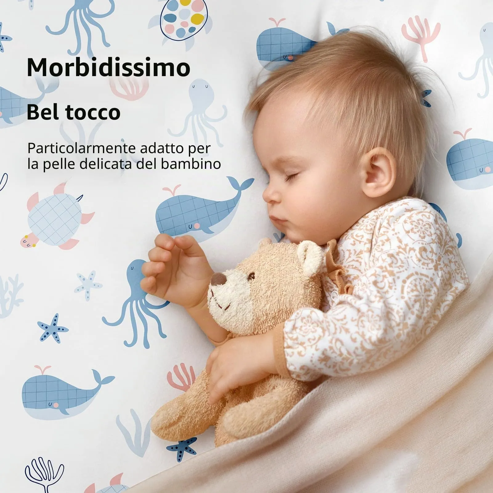 Fiemol Lenzuola Culla Next to Me 83x50cm, Confezione da 3 Coprimaterassi per Culla Neonato, Lenzuola con Angoli Elasticizzate in Microfibra Ultra Morbida e Setosa, Azzurro e Balena - immagine 3