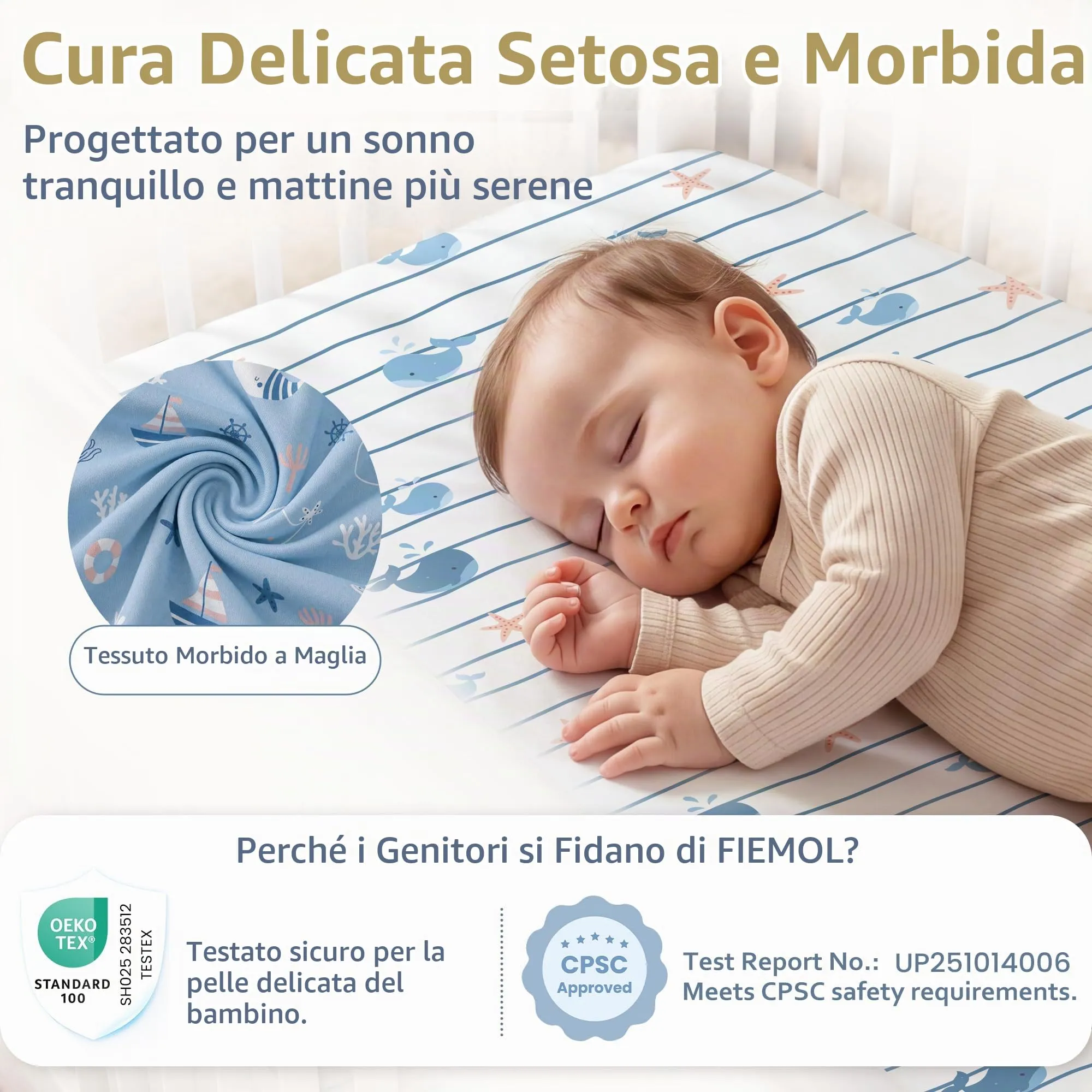 Fiemol Lenzuola Culla Next to Me 83x50cm, Confezione da 3 Coprimaterassi per Culla Neonato, Lenzuola con Angoli Elasticizzate in Microfibra Ultra Morbida e Setosa, Azzurro e Balena - immagine 5