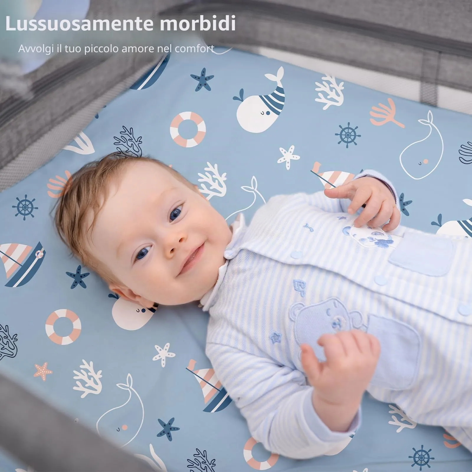 Fiemol Lenzuola Culla Next to Me 83x50cm, Confezione da 3 Coprimaterassi per Culla Neonato, Lenzuola con Angoli Elasticizzate in Microfibra Ultra Morbida e Setosa, Azzurro e Balena - immagine 7