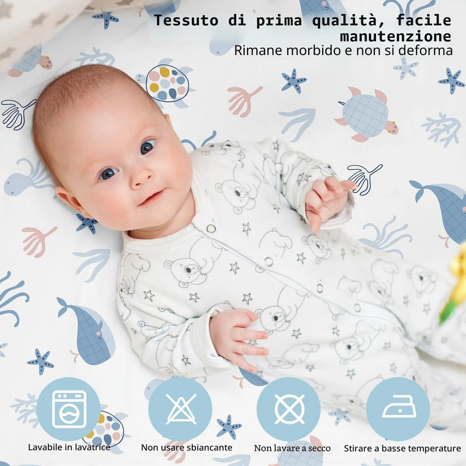 Fiemol Lenzuola Culla Next to Me 83x50cm, Confezione da 3 Coprimaterassi per Culla Neonato, Lenzuola con Angoli Elasticizzate in Microfibra Ultra Morbida e Setosa, Azzurro e Balena - immagine 8