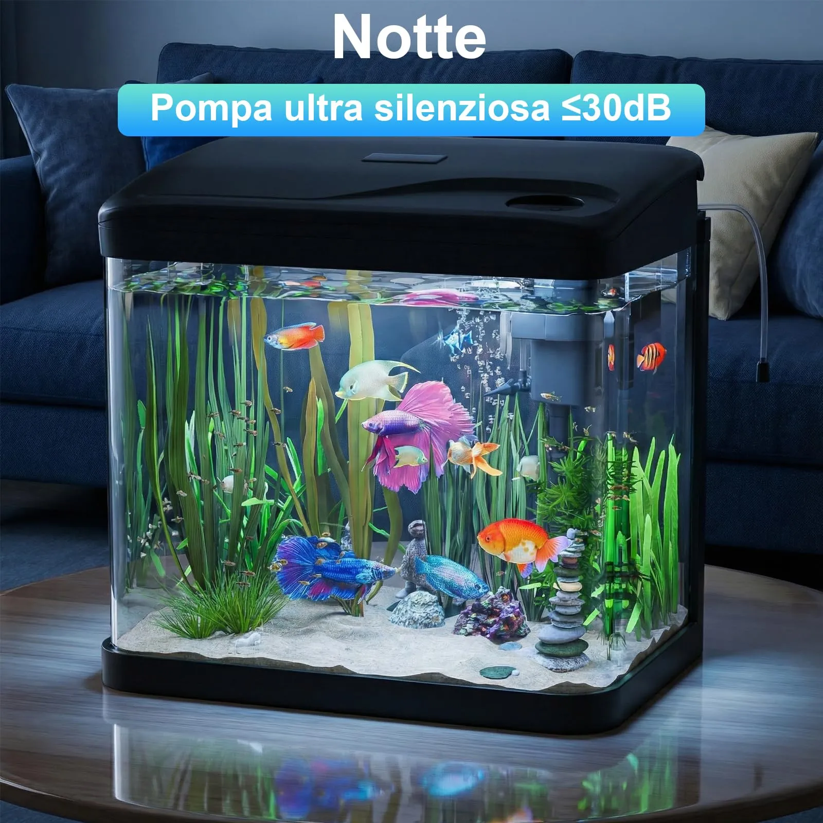 PUTINEI Acquario in Vetro 15 Litri,Acquario Completo Acquarios Per Pesci Rossi,con Illuminazione a LED e Sistema di Filtraggio,Nero,Set Per Principianti - immagine 2