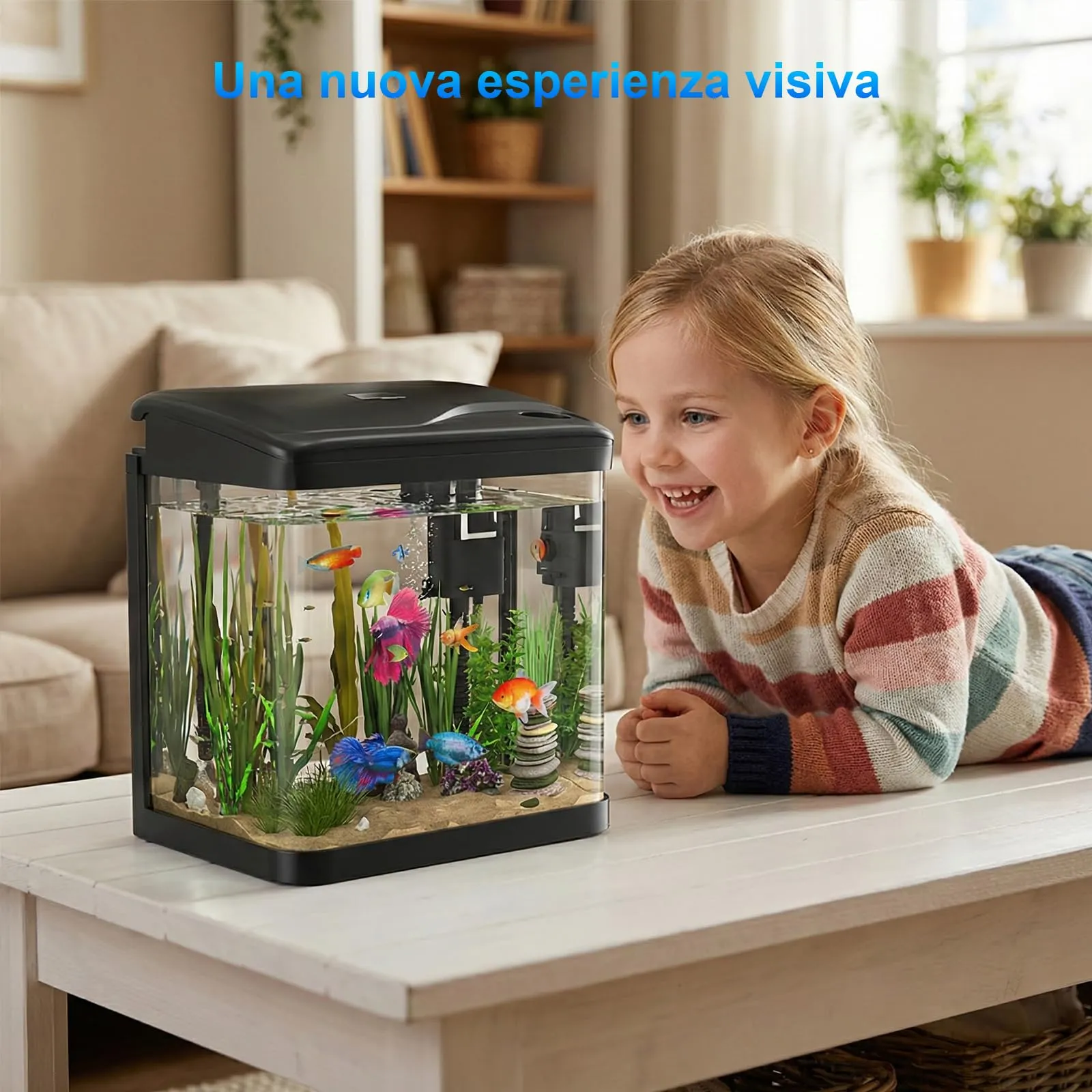 PUTINEI Acquario in Vetro 15 Litri,Acquario Completo Acquarios Per Pesci Rossi,con Illuminazione a LED e Sistema di Filtraggio,Nero,Set Per Principianti - immagine 3