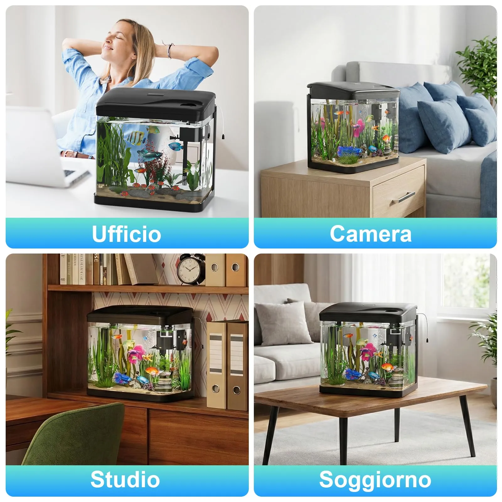 PUTINEI Acquario in Vetro 15 Litri,Acquario Completo Acquarios Per Pesci Rossi,con Illuminazione a LED e Sistema di Filtraggio,Nero,Set Per Principianti - immagine 6