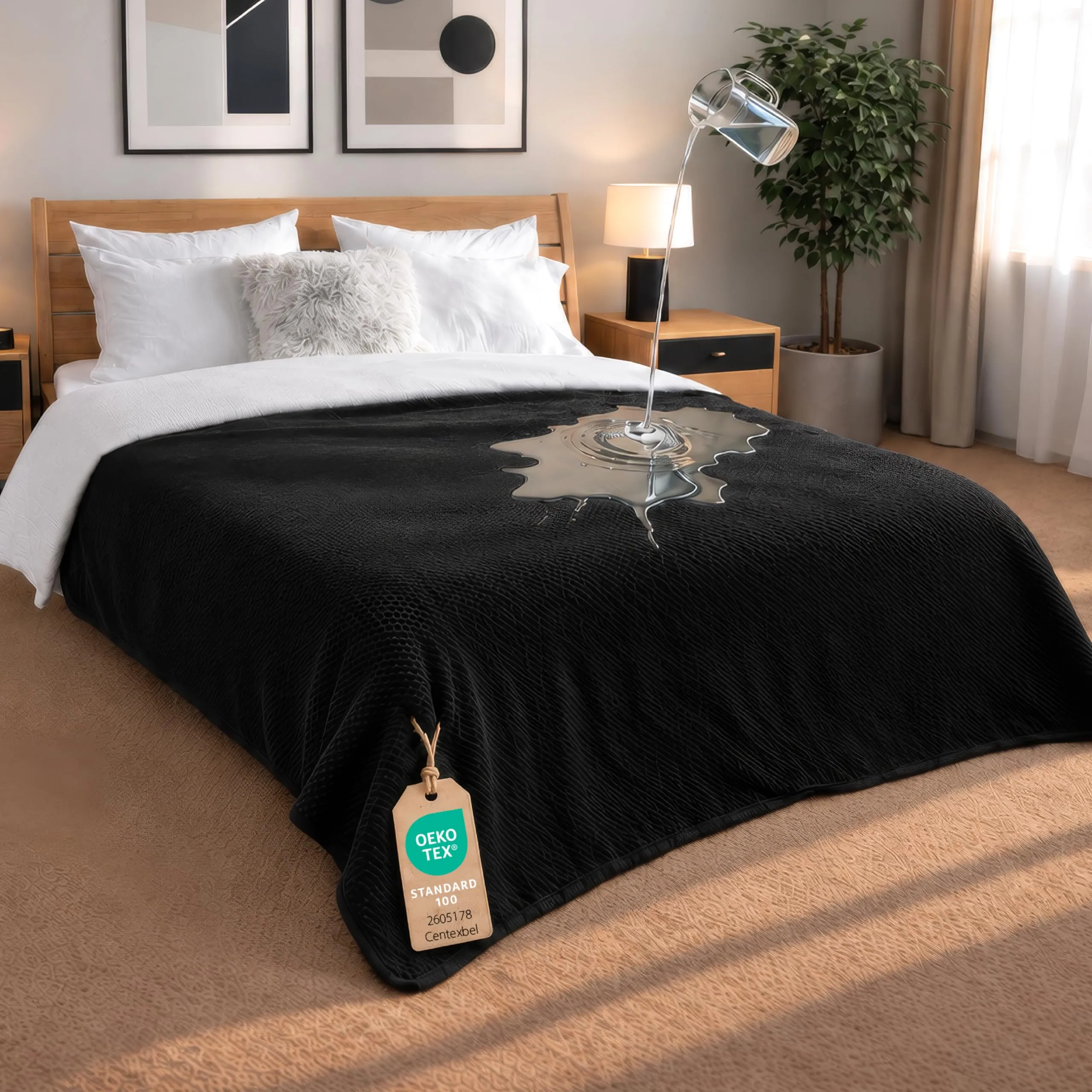 Dreamzie Coperta Impermeabile 218x228cm - Cerata Letto Matrimoniale Reversibile e Lavabile in Lavatrice in Pile Sherpa per Letto o Divano - Copridivano impermeabile per animali - Nero - immagine 1