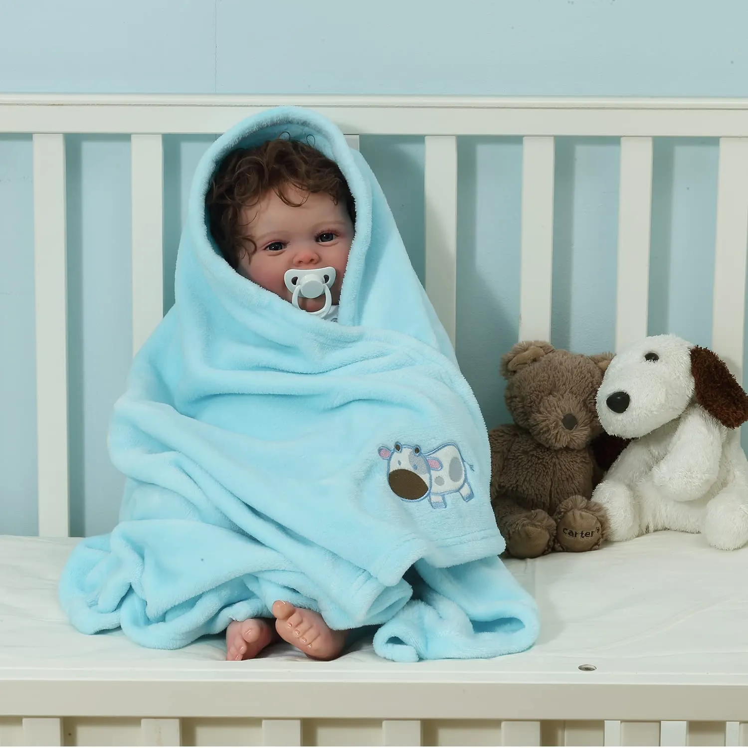 CREVENT, Copertina per bambini in caldo pile, soffice e confortevole, per culla e passeggino, unisex,75cmX100cm (blu, motivo con mucca) - immagine 3
