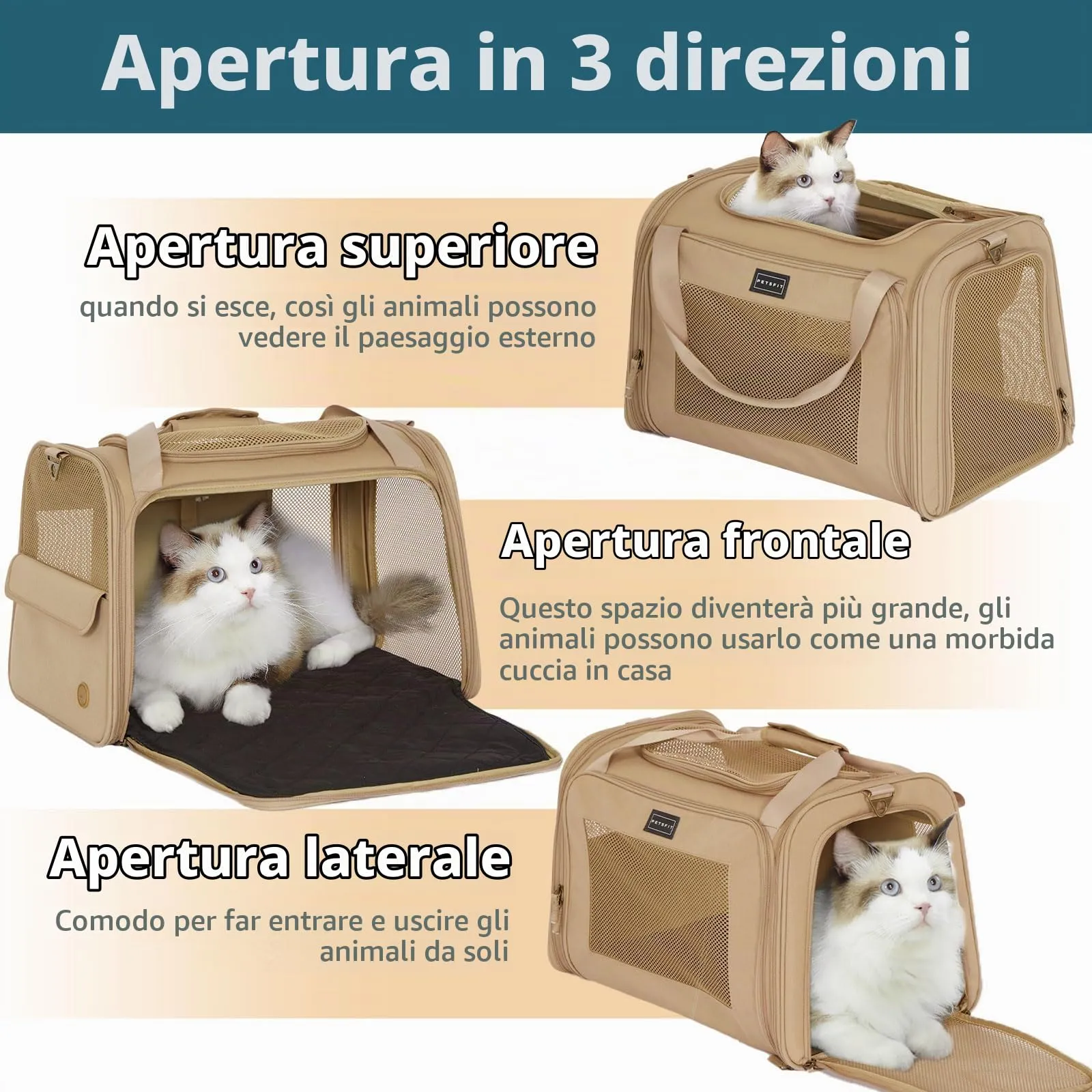 Petsfit Trasportino Grande per Gatti, Leggero per Viaggi, Trasportino per Animali Domestici per Cani Piccoli e Gatti, Trasportini per Cani con Materassino Espandibile, Trasportino per Animali - immagine 3