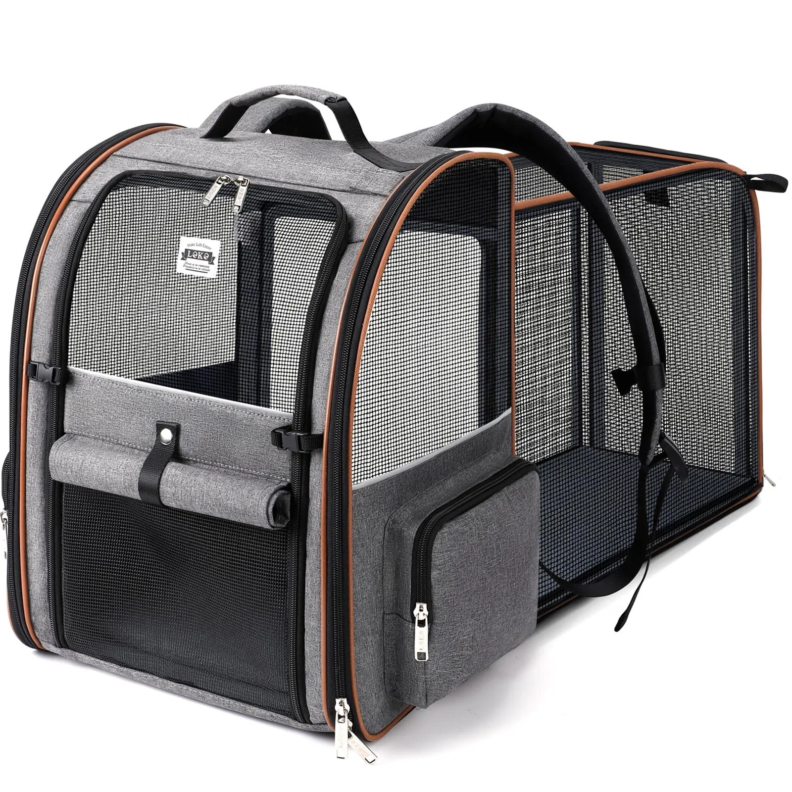 Lekespring Zaino per Cani Gatti Trasportino Espandibile,Grandi Pieghevole Cuccia Portatile con Imbracatura di Sicurezza e Tappetino per Animali Inclusi,Carico Massimo 10 KG,Grigio XL - immagine 1