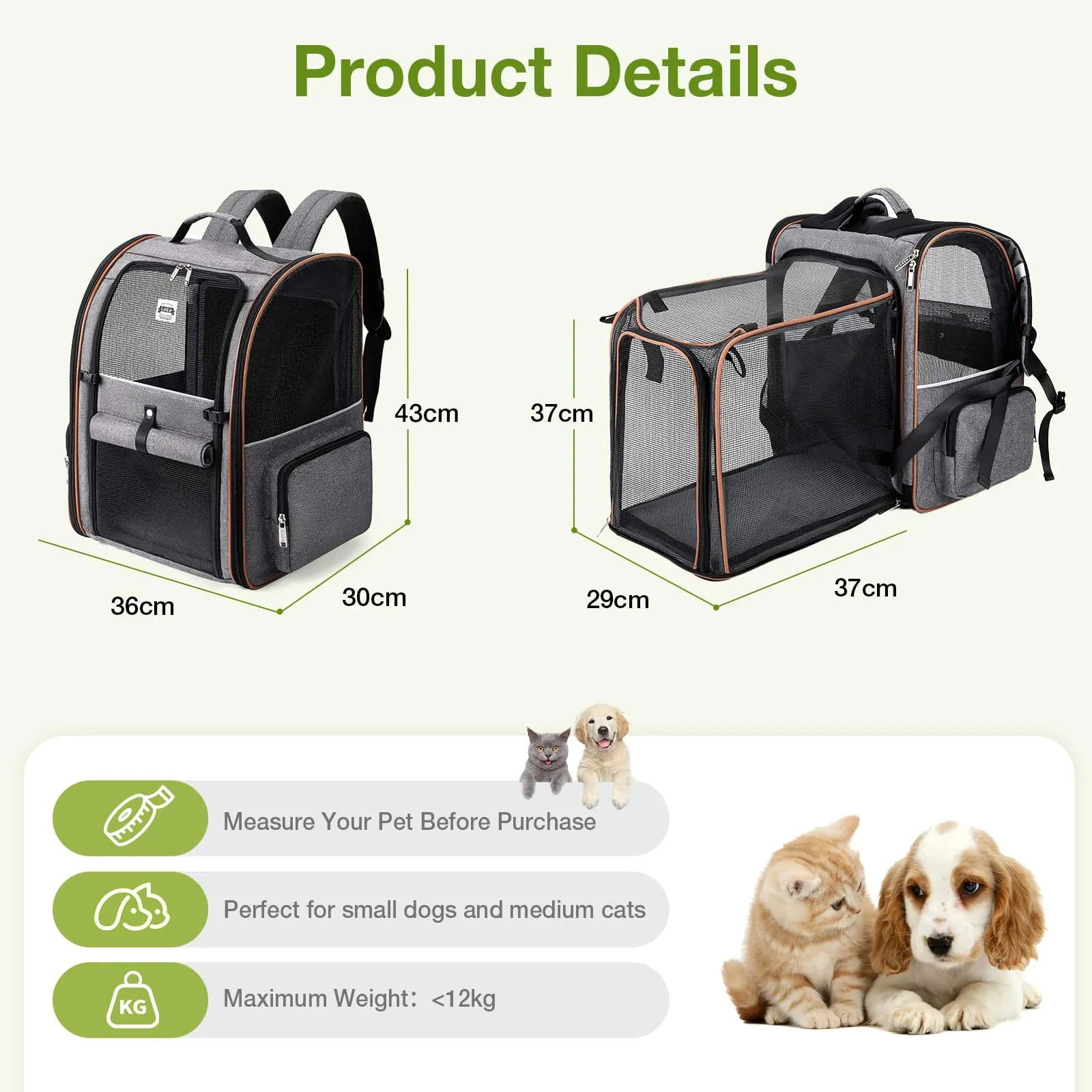 Lekespring Zaino per Cani Gatti Trasportino Espandibile,Grandi Pieghevole Cuccia Portatile con Imbracatura di Sicurezza e Tappetino per Animali Inclusi,Carico Massimo 10 KG,Grigio XL - immagine 2