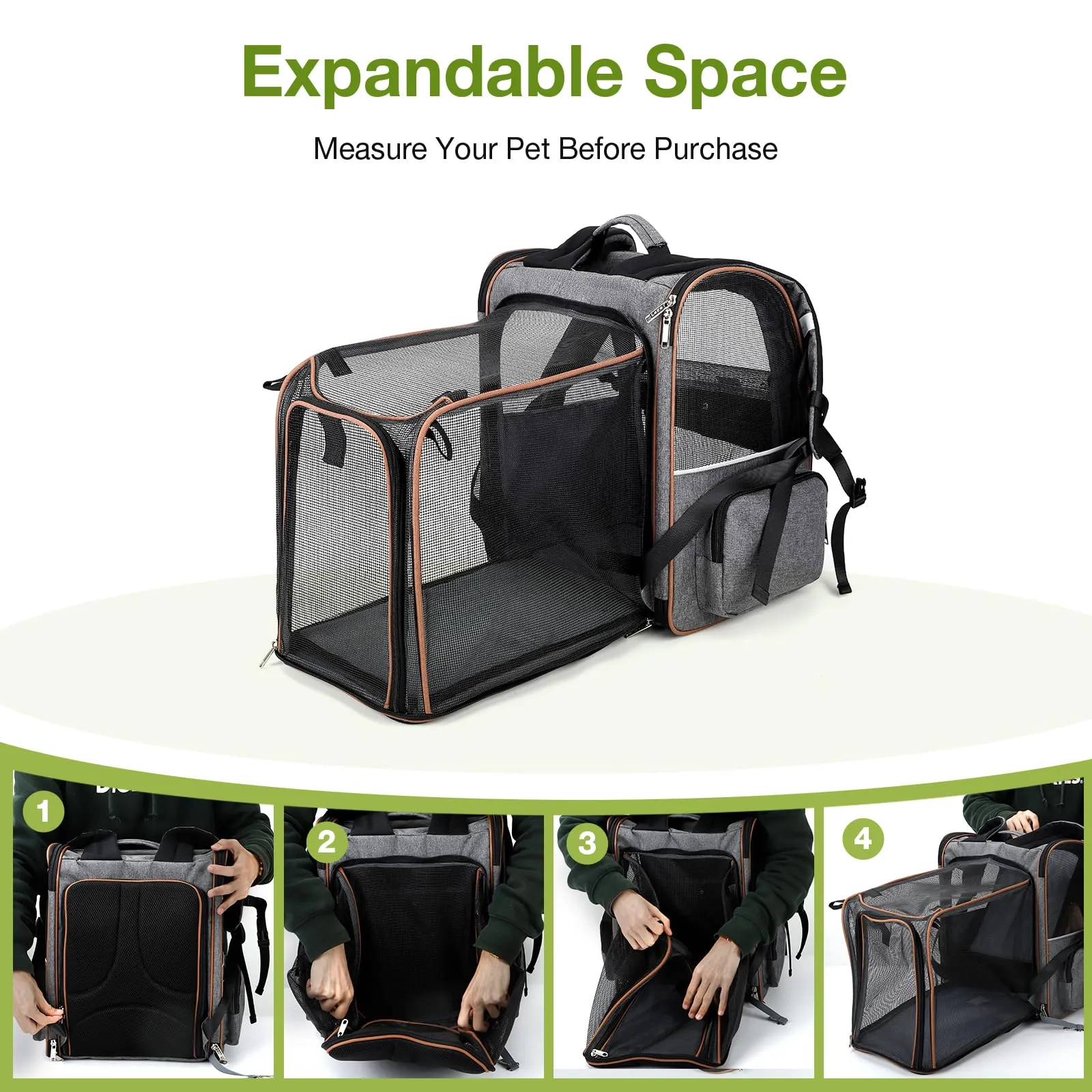 Lekespring Zaino per Cani Gatti Trasportino Espandibile,Grandi Pieghevole Cuccia Portatile con Imbracatura di Sicurezza e Tappetino per Animali Inclusi,Carico Massimo 10 KG,Grigio XL - immagine 4