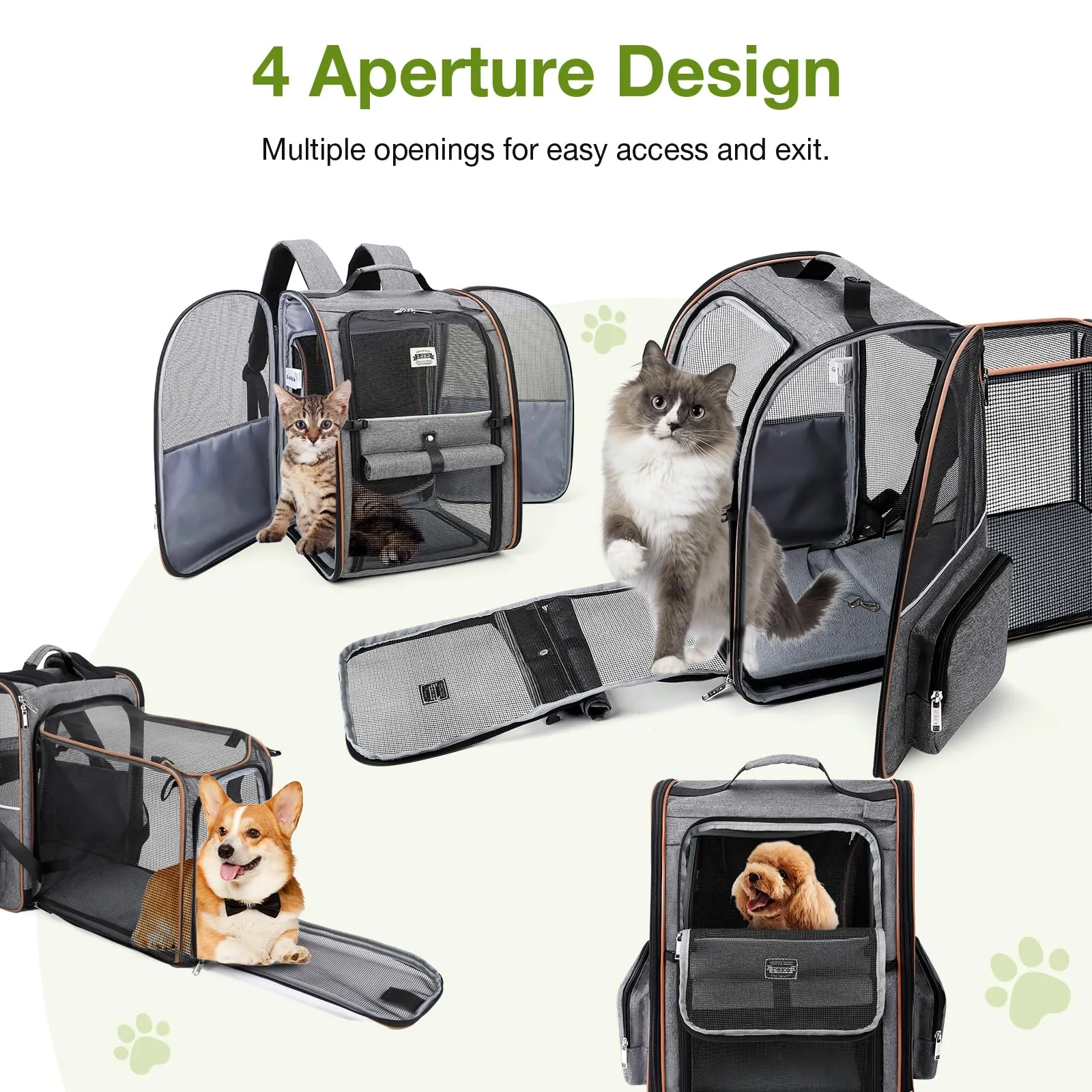 Lekespring Zaino per Cani Gatti Trasportino Espandibile,Grandi Pieghevole Cuccia Portatile con Imbracatura di Sicurezza e Tappetino per Animali Inclusi,Carico Massimo 10 KG,Grigio XL - immagine 5