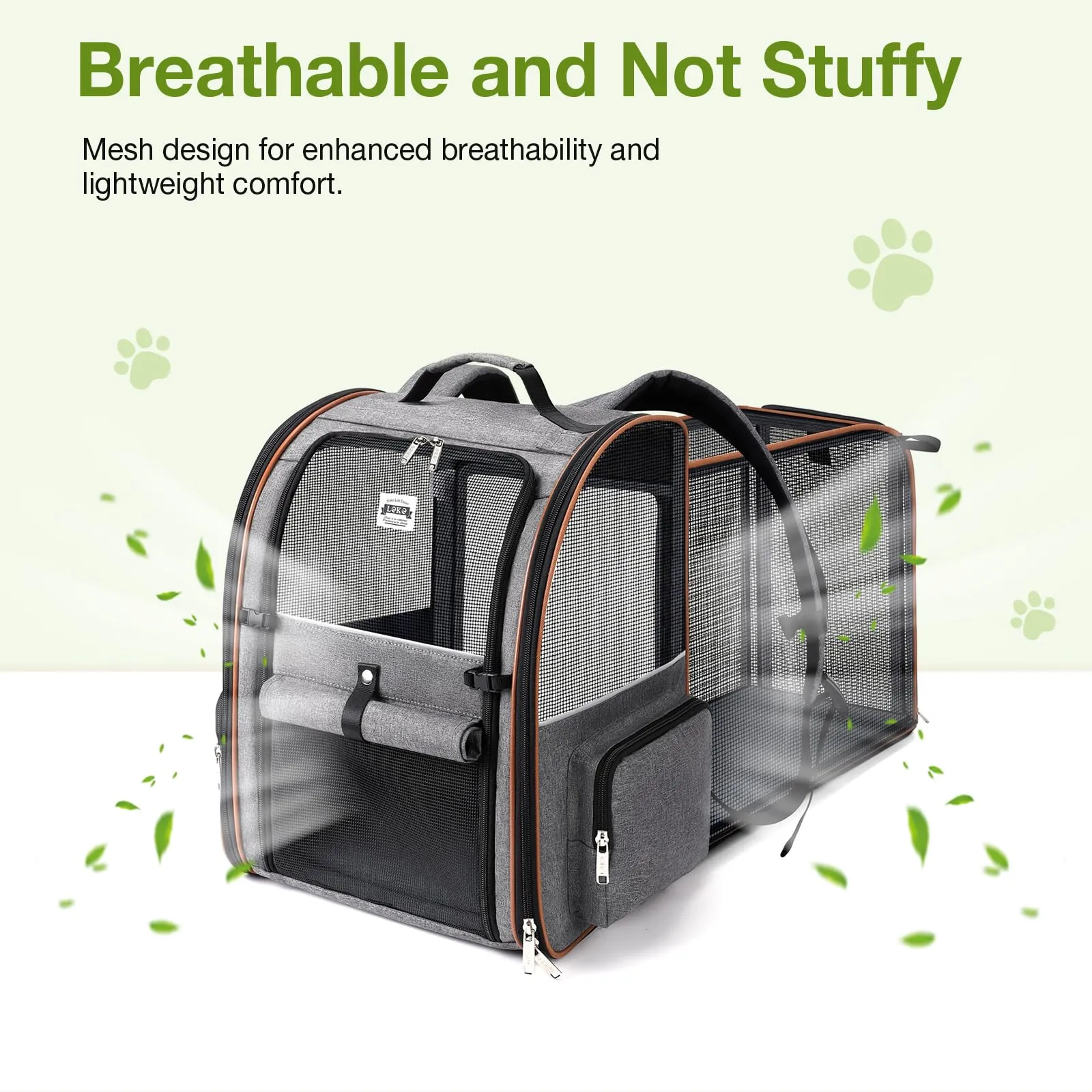 Lekespring Zaino per Cani Gatti Trasportino Espandibile,Grandi Pieghevole Cuccia Portatile con Imbracatura di Sicurezza e Tappetino per Animali Inclusi,Carico Massimo 10 KG,Grigio XL - immagine 6