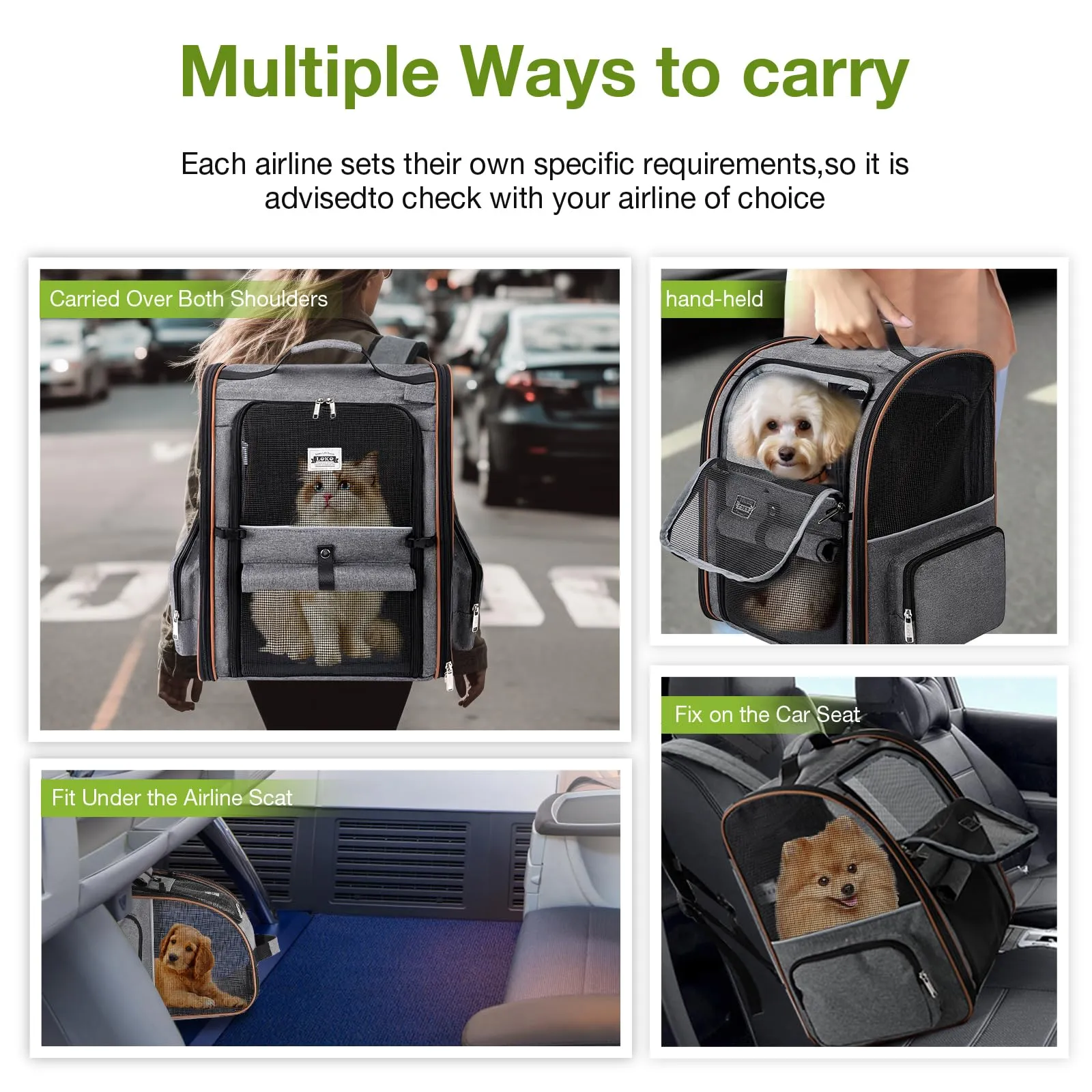 Lekespring Zaino per Cani Gatti Trasportino Espandibile,Grandi Pieghevole Cuccia Portatile con Imbracatura di Sicurezza e Tappetino per Animali Inclusi,Carico Massimo 10 KG,Grigio XL - immagine 7