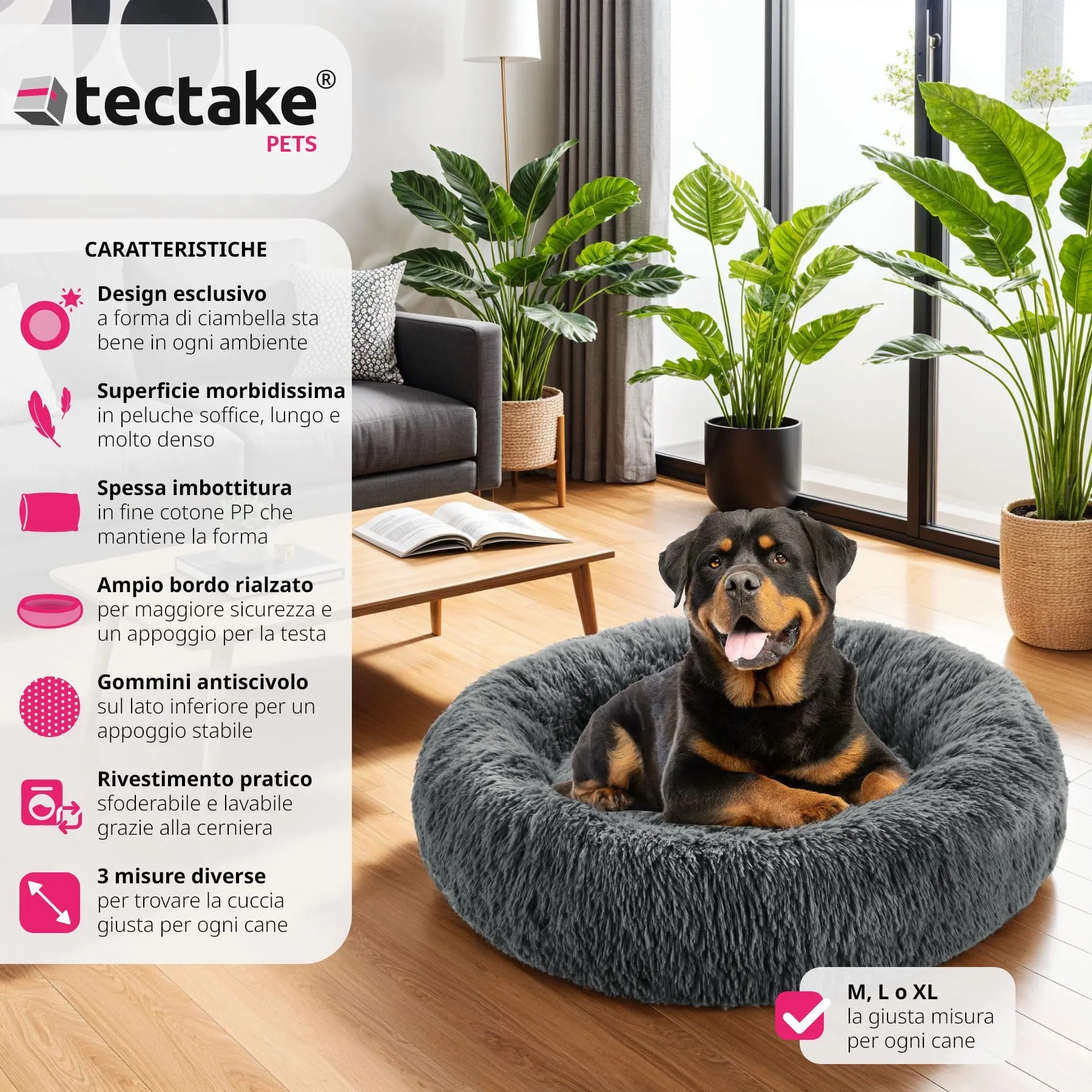 tectake® Lettino per Cani, Cuccia per Cani da Interno con Rivestimento Lavabile in Peluche Lungo, Imbottitura Spessa, Bordo Rialzato, Chiusura Lampo, Nodi Antiscivolo - Ø 80 cm - immagine 2