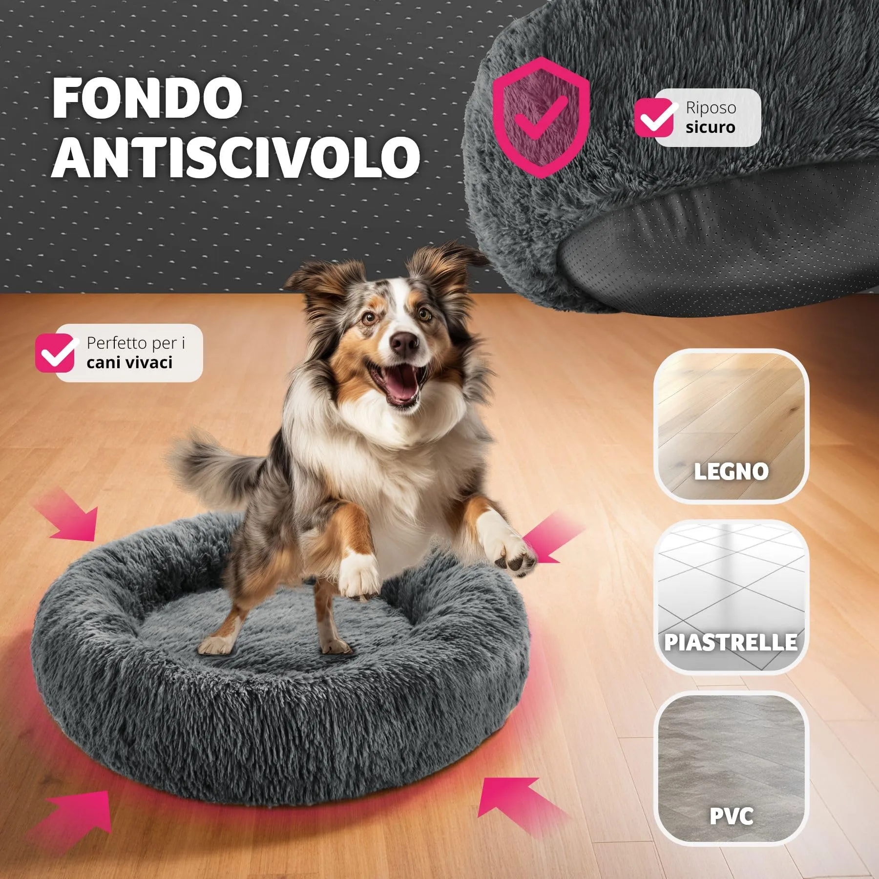 tectake® Lettino per Cani, Cuccia per Cani da Interno con Rivestimento Lavabile in Peluche Lungo, Imbottitura Spessa, Bordo Rialzato, Chiusura Lampo, Nodi Antiscivolo - Ø 80 cm - immagine 3