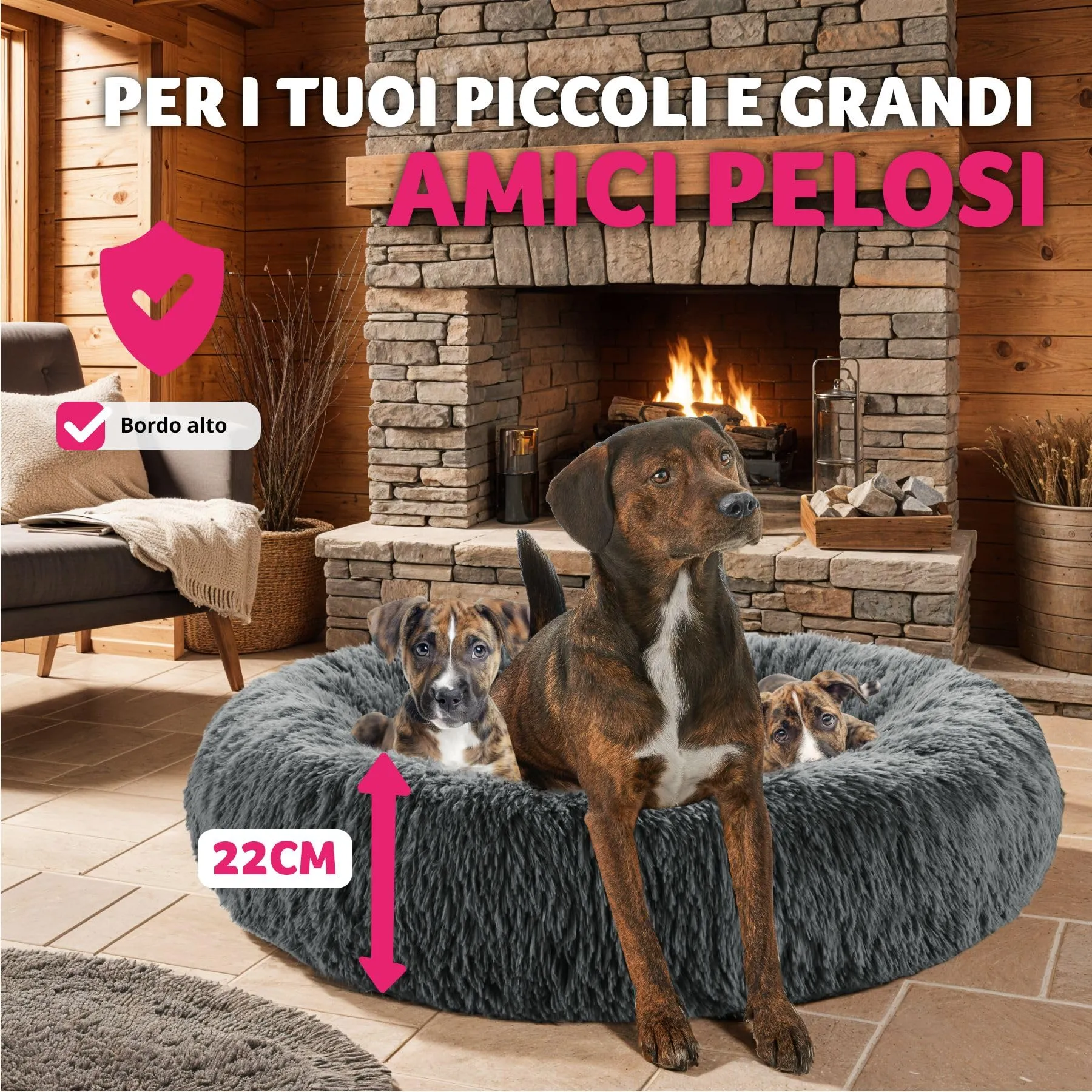 tectake® Lettino per Cani, Cuccia per Cani da Interno con Rivestimento Lavabile in Peluche Lungo, Imbottitura Spessa, Bordo Rialzato, Chiusura Lampo, Nodi Antiscivolo - Ø 80 cm - immagine 8