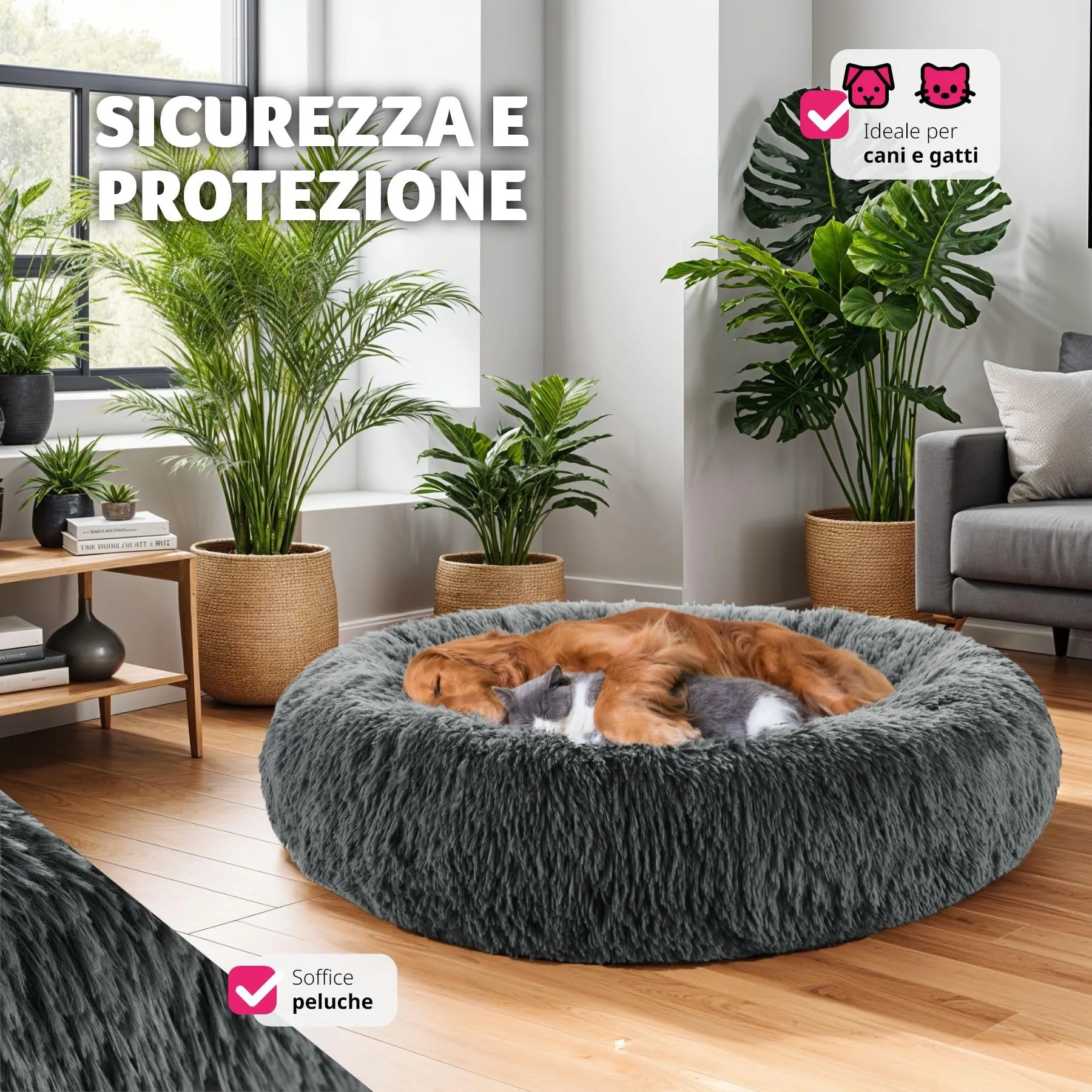 tectake® Lettino per Cani, Cuccia per Cani da Interno con Rivestimento Lavabile in Peluche Lungo, Imbottitura Spessa, Bordo Rialzato, Chiusura Lampo, Nodi Antiscivolo - Ø 70 cm - immagine 4