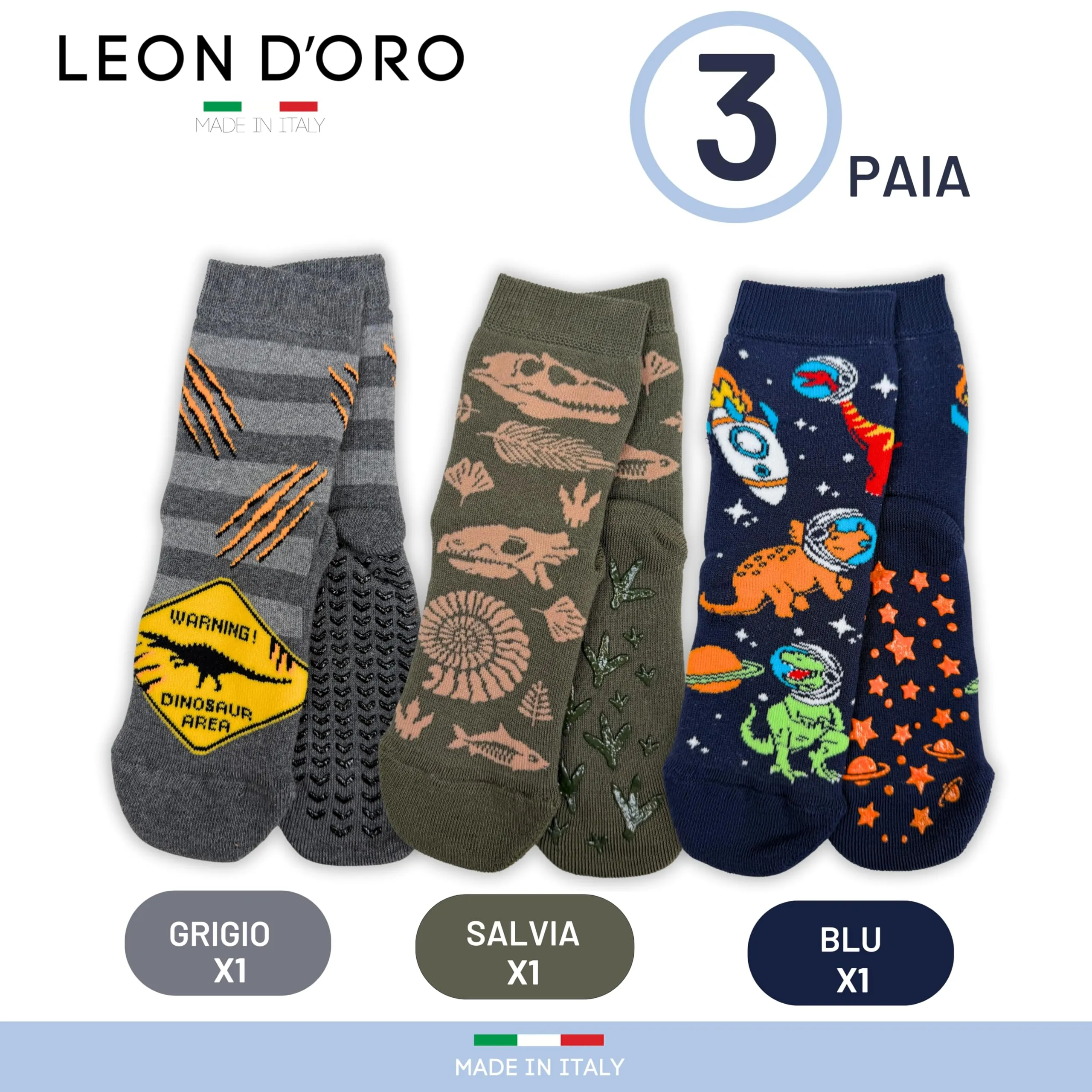 LEON D'ORO Calzini Bambino Antiscivolo Cotone 3 Paia Calze Bimbo abs scuola casa gonfiabili, Made in Italy (IT, Numero, 23, 28, ASS4 3 paia) - immagine 3