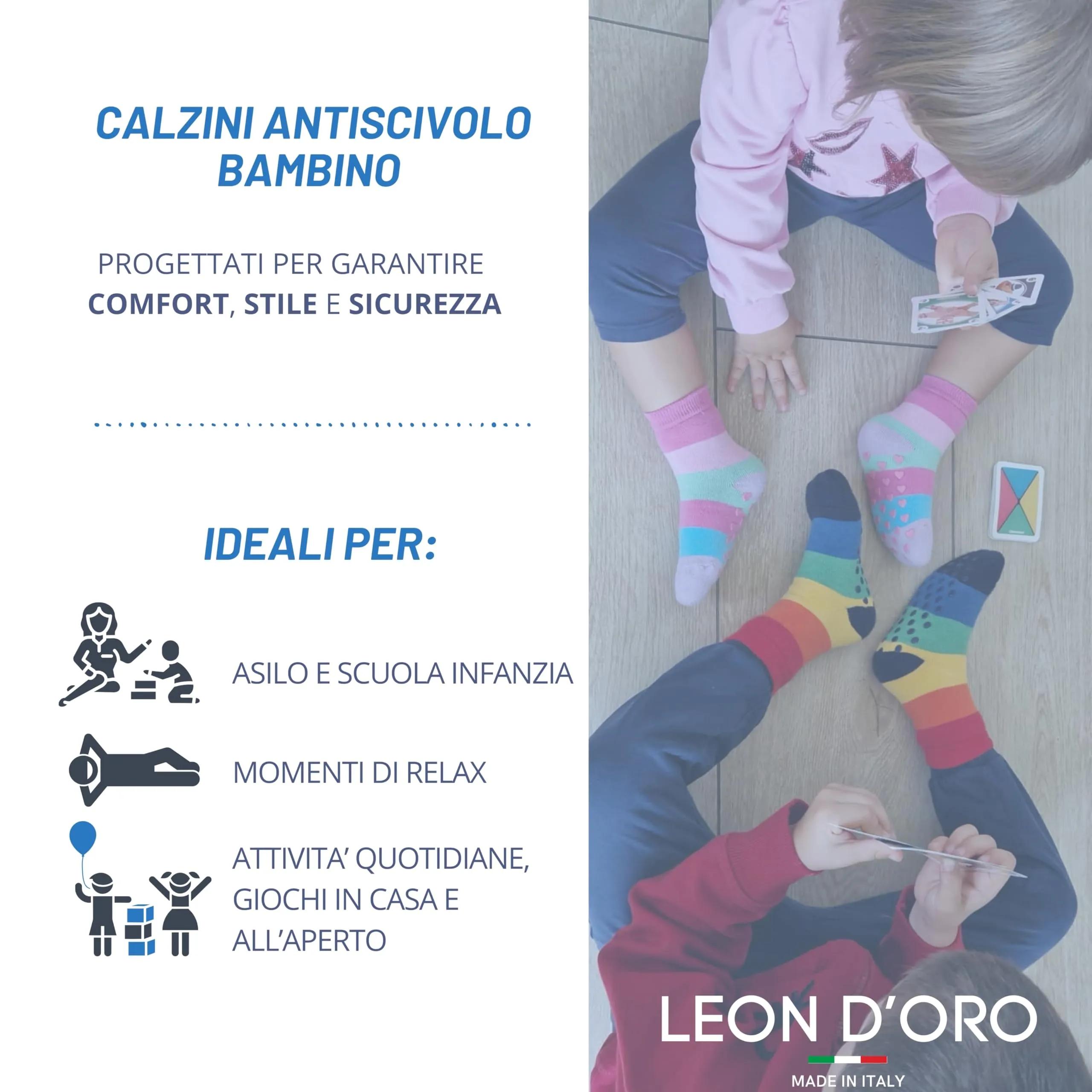LEON D'ORO Calzini Bambino Antiscivolo Cotone 3 Paia Calze Bimbo abs scuola casa gonfiabili, Made in Italy (IT, Numero, 23, 28, ASS4 3 paia) - immagine 4
