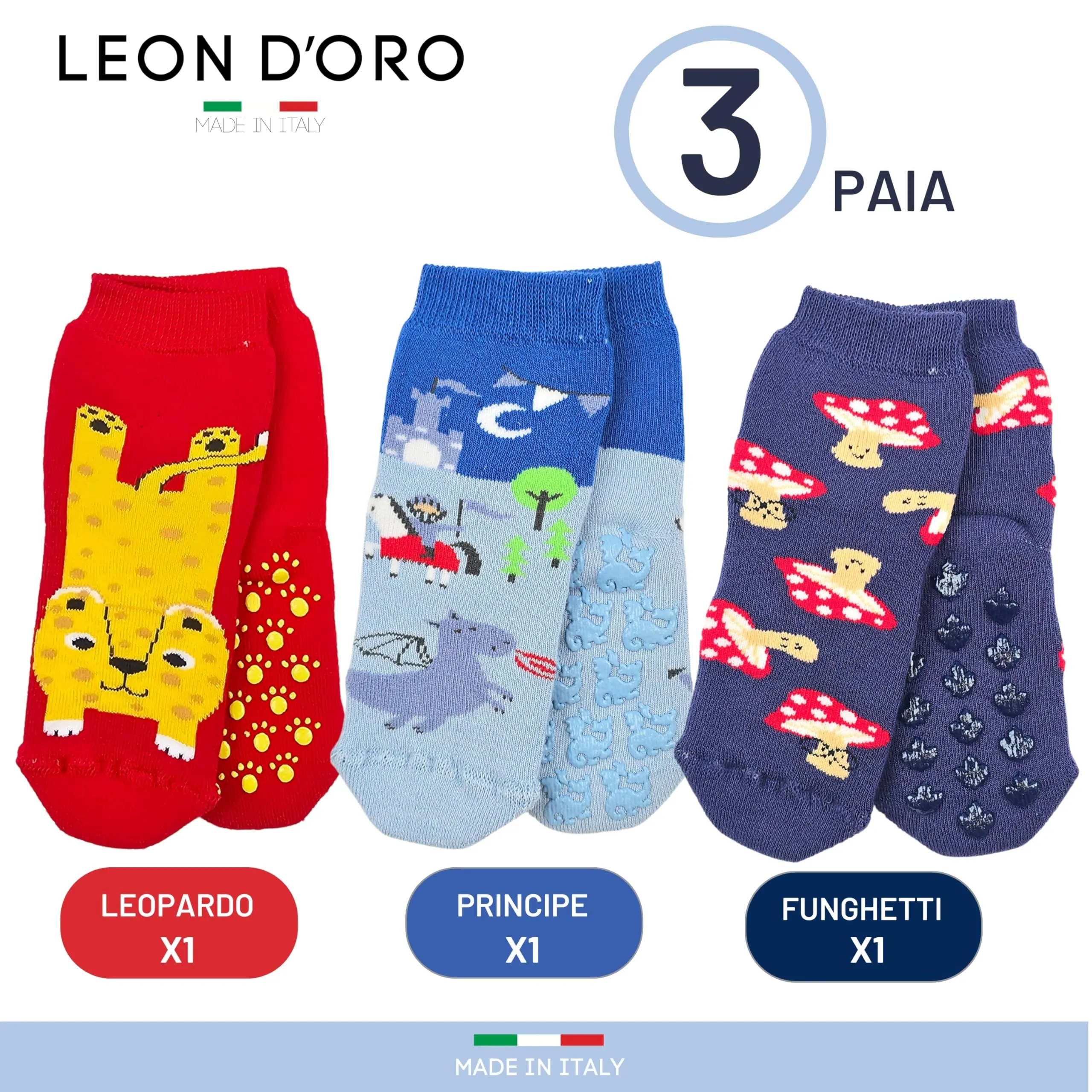 LEON D'ORO Calzini Antiscivolo Bambino Cotone 3 Paia Calze Neonato 0-18 mesi Made in Italy (IT, Età, 6 mesi, 12 mesi, BY.ASS4 3 paia) - immagine 4