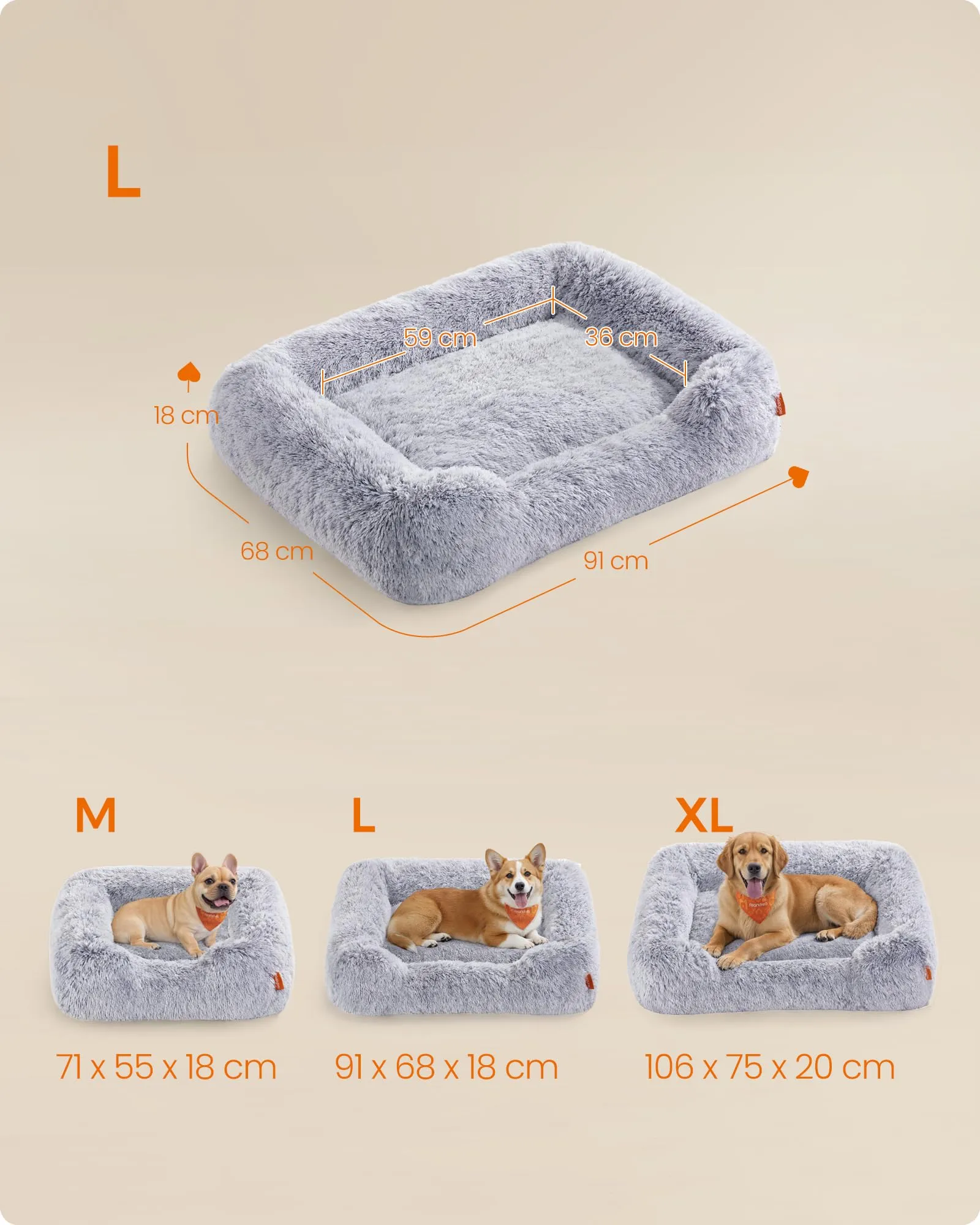 Feandrea Cuccia per Cani, Divano per Cani Medio, 91 x 68 x 18 cm, Cuscino per Animali, Imbottitura Morbida Bordi Rialzati, Sfoderabile e Lavabile, Antiscivolo, Grigio Ombré PGW272G01 - immagine 5